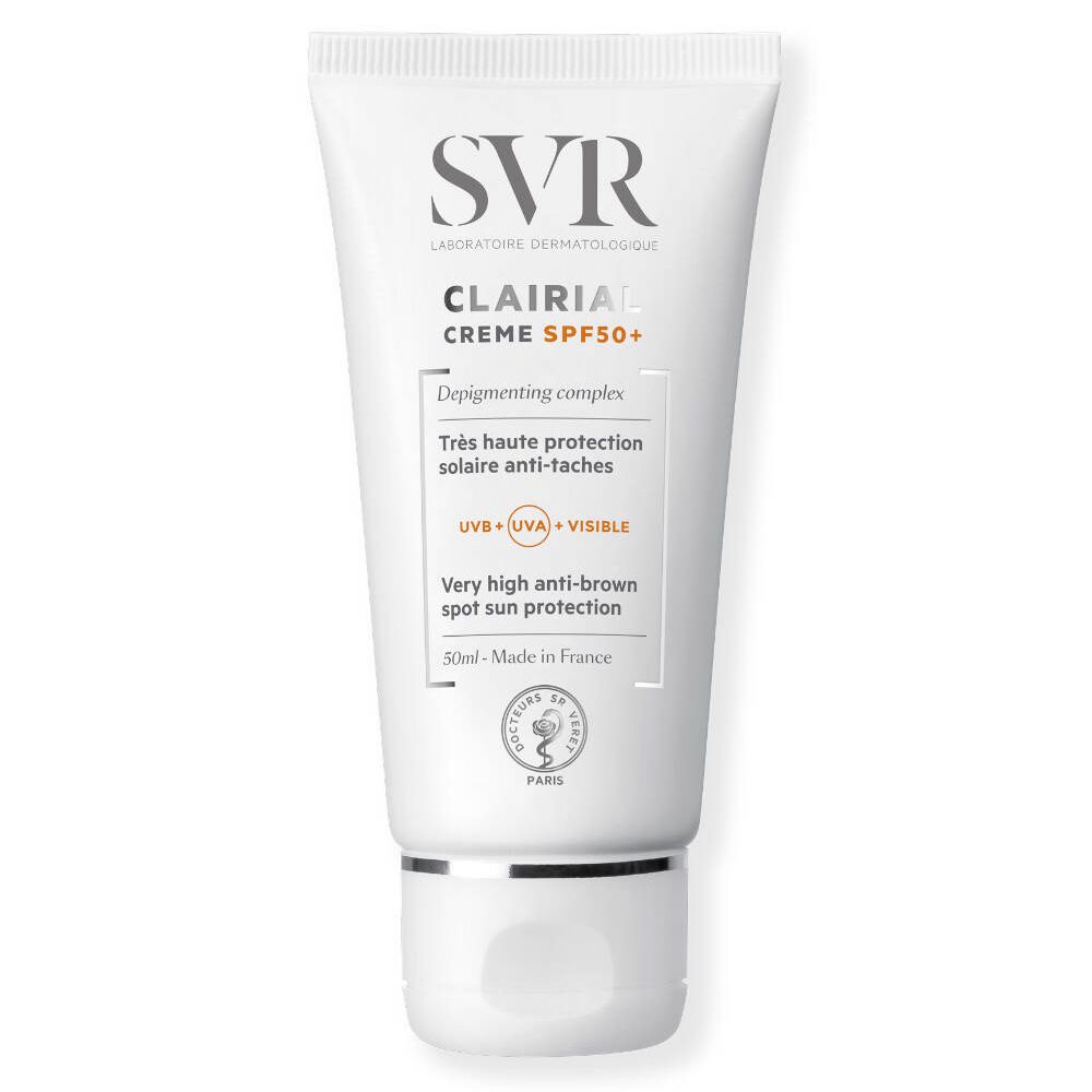 Tube SVR CLAIRIAL Creme SPF50++. Tube blanche avec informations produit. Marque SVR, texte: Creme SPF50+.