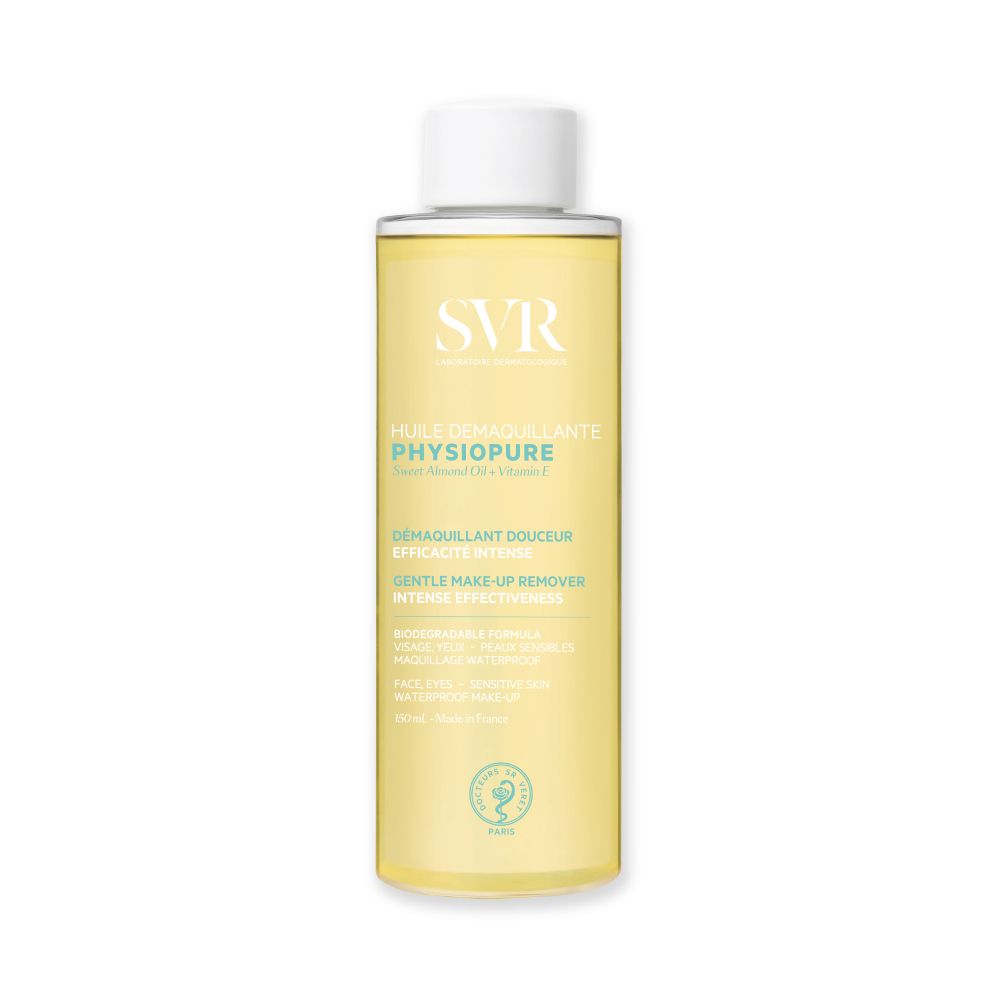 SVR Physiopure Make-up Entferner Öl in transparenter Flasche mit weißem Verschluss. Gelbe Flüssigkeit.