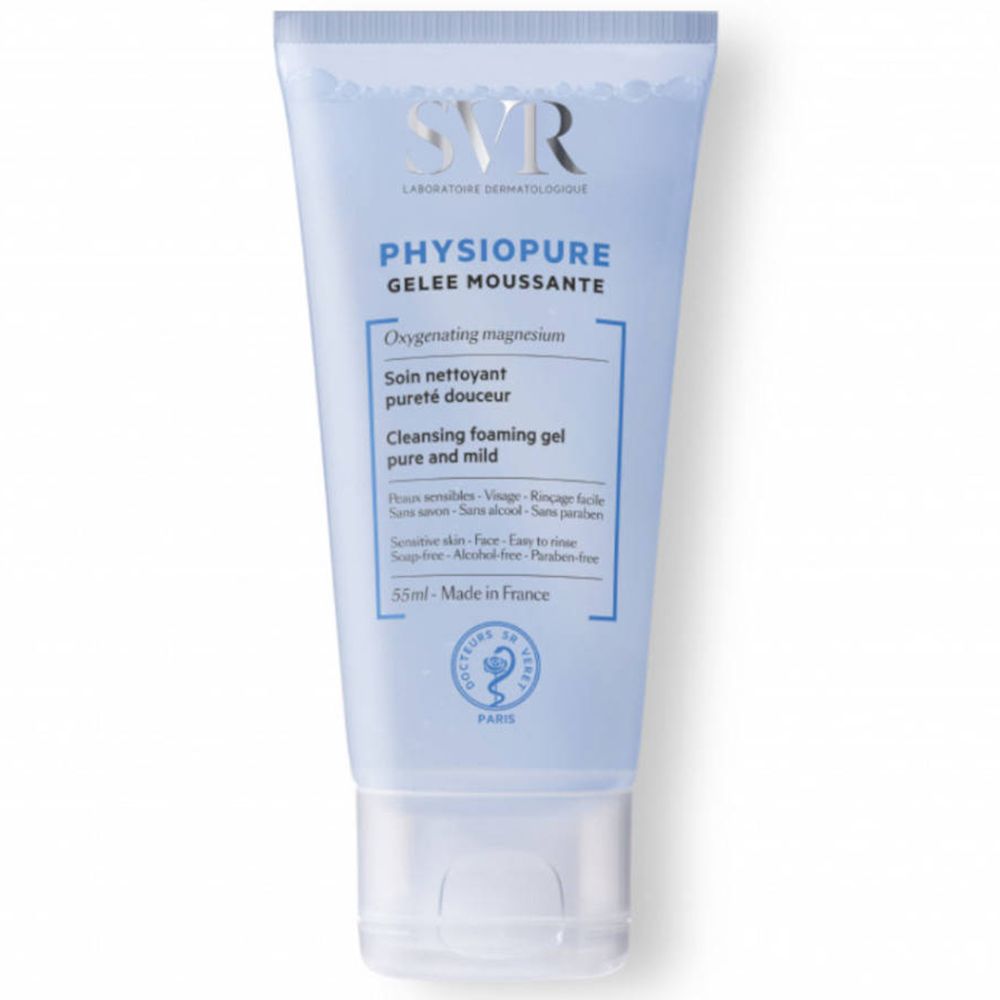 Tubo blu trasparente SVR PHYSIOPURE. Testo: Gelee Moussante, gel detergente per pelli sensibili. Made in France.