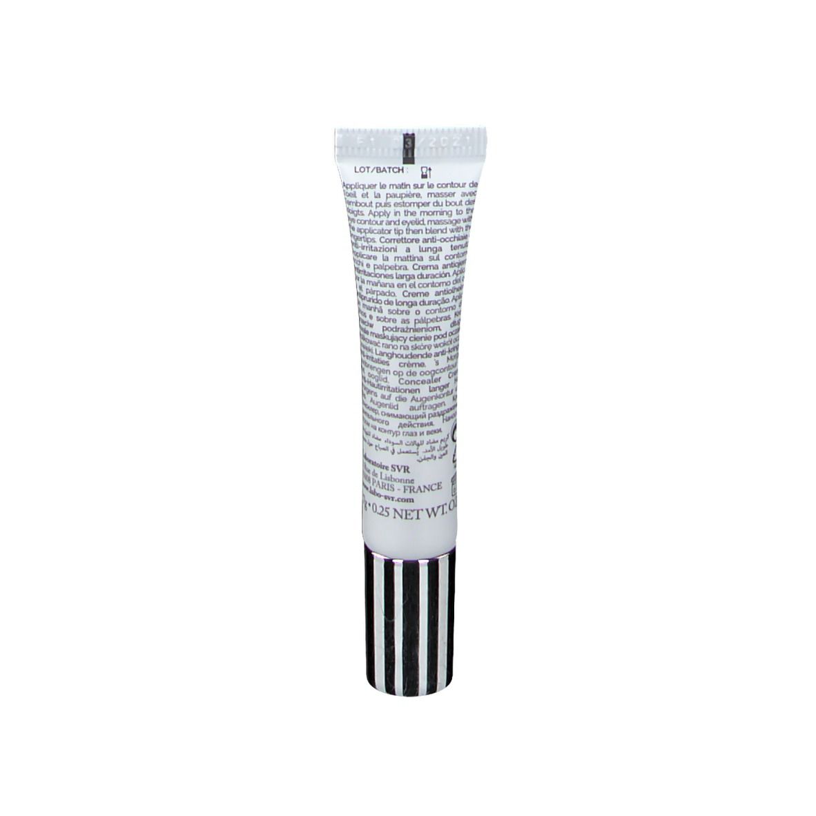 Dos du tube SVR Topialyse Palpébral CC medium SPF 20. Texte multilingue.