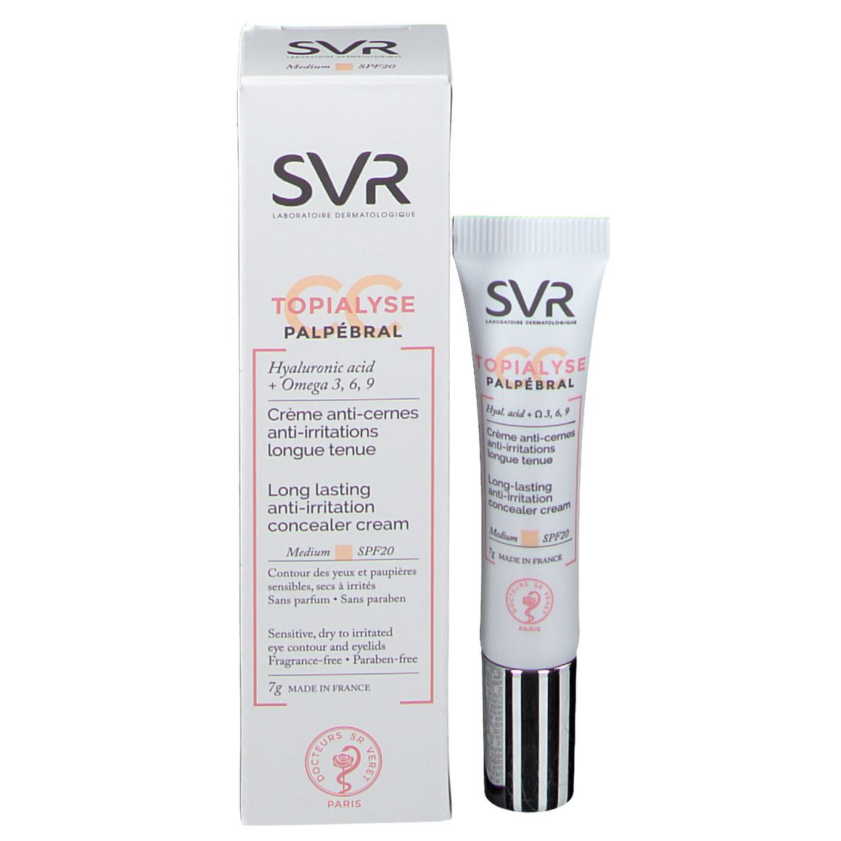 Tube et emballage SVR Topialyse Palpébral CC medium SPF 20. Boîte blanche avec informations.