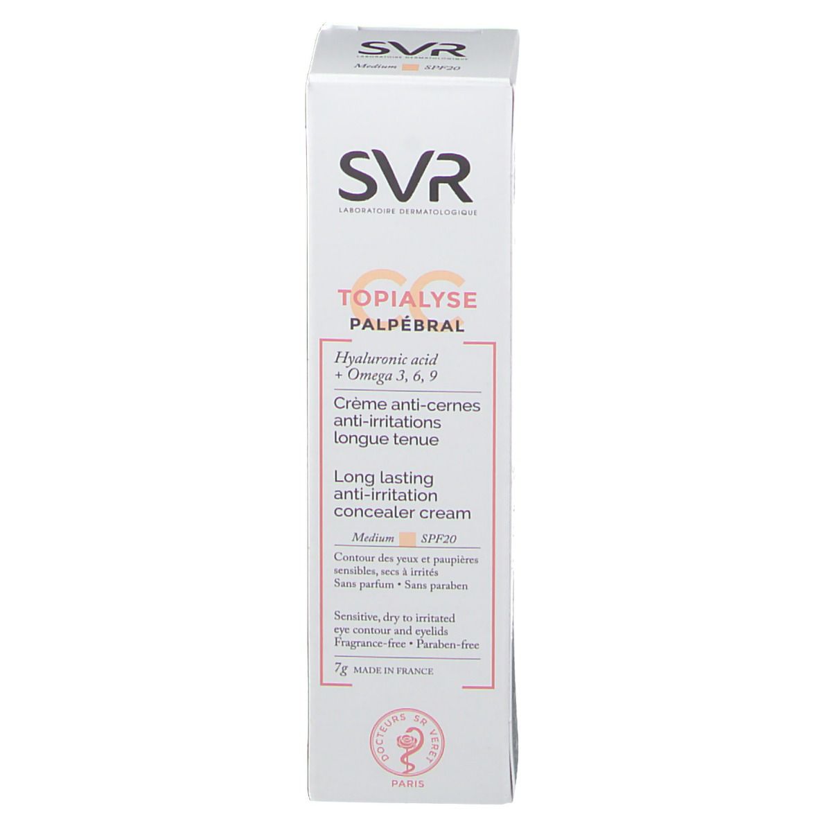 Emballage SVR Topialyse Palpébral CC medium SPF 20. Boîte blanche avec informations produit.