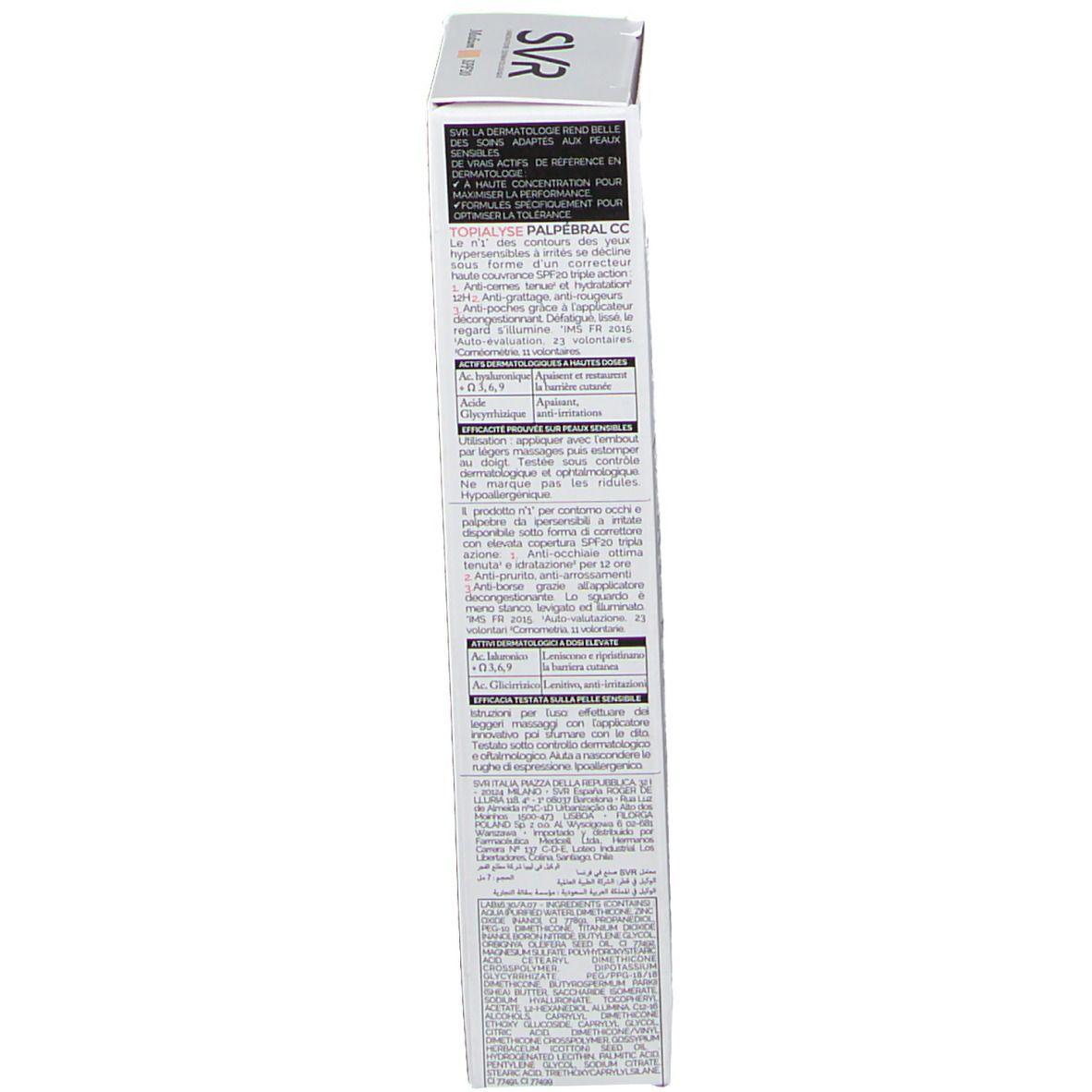 Dos de l'emballage SVR Topialyse Palpébral CC medium SPF 20. Texte multilingue.