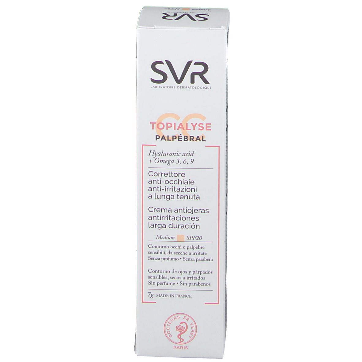 Emballage SVR Topialyse Palpébral CC medium SPF 20. Texte multilingue.