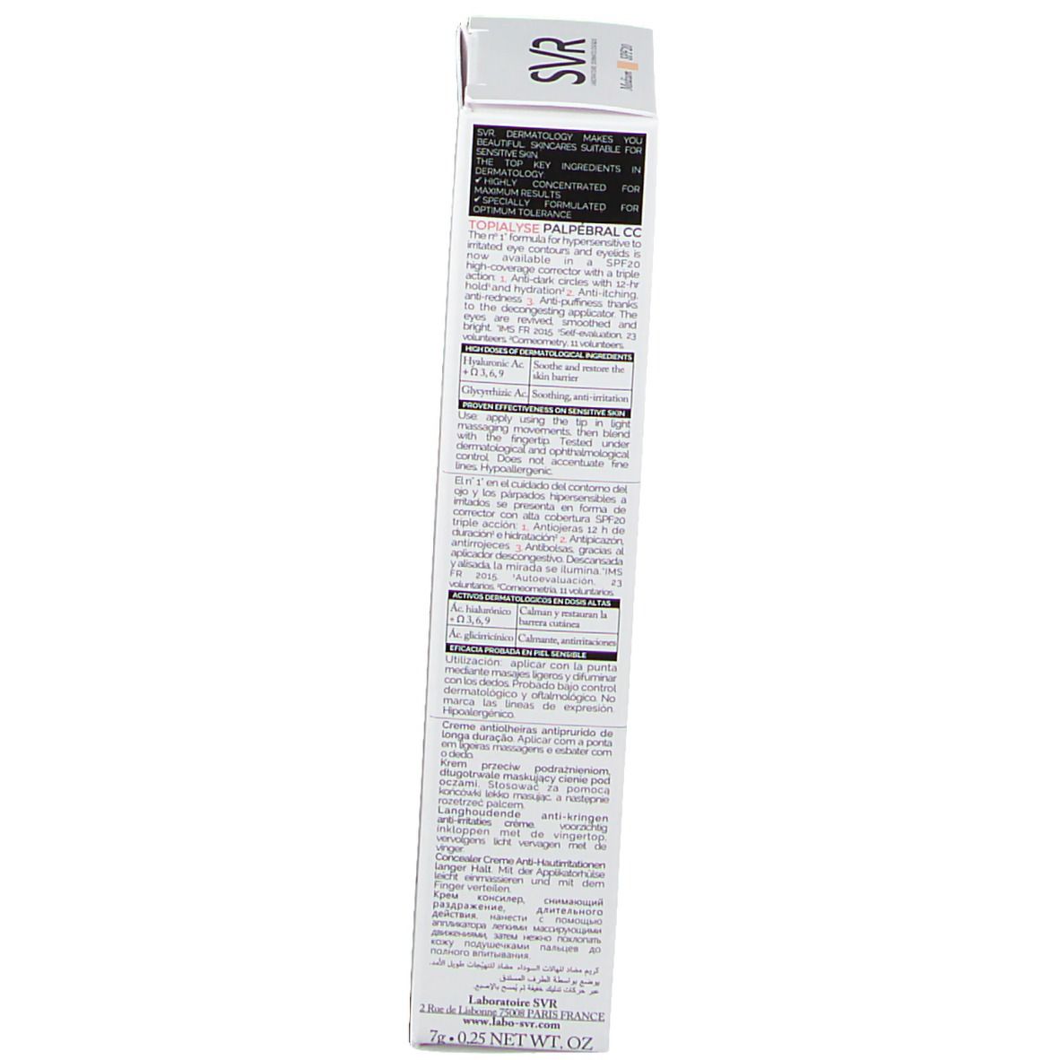 Côté de l'emballage SVR Topialyse Palpébral CC medium SPF 20. Texte multilingue.