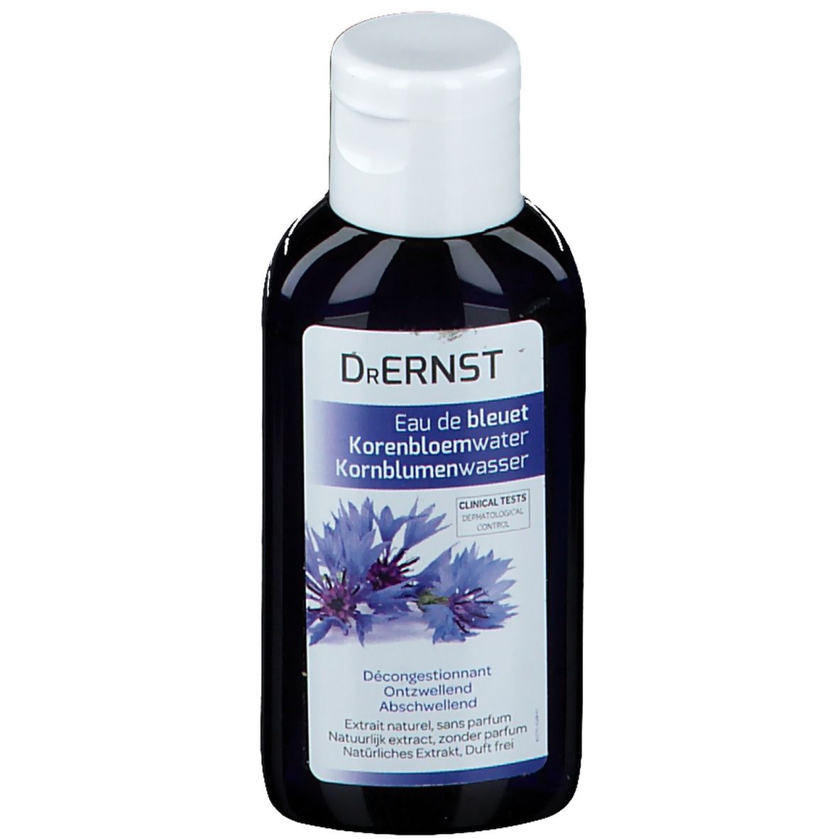 Donkerblauwe fles met witte dop. Etiket met productnaam en korenbloemillustratie. "Dr. Ernst"-logo.