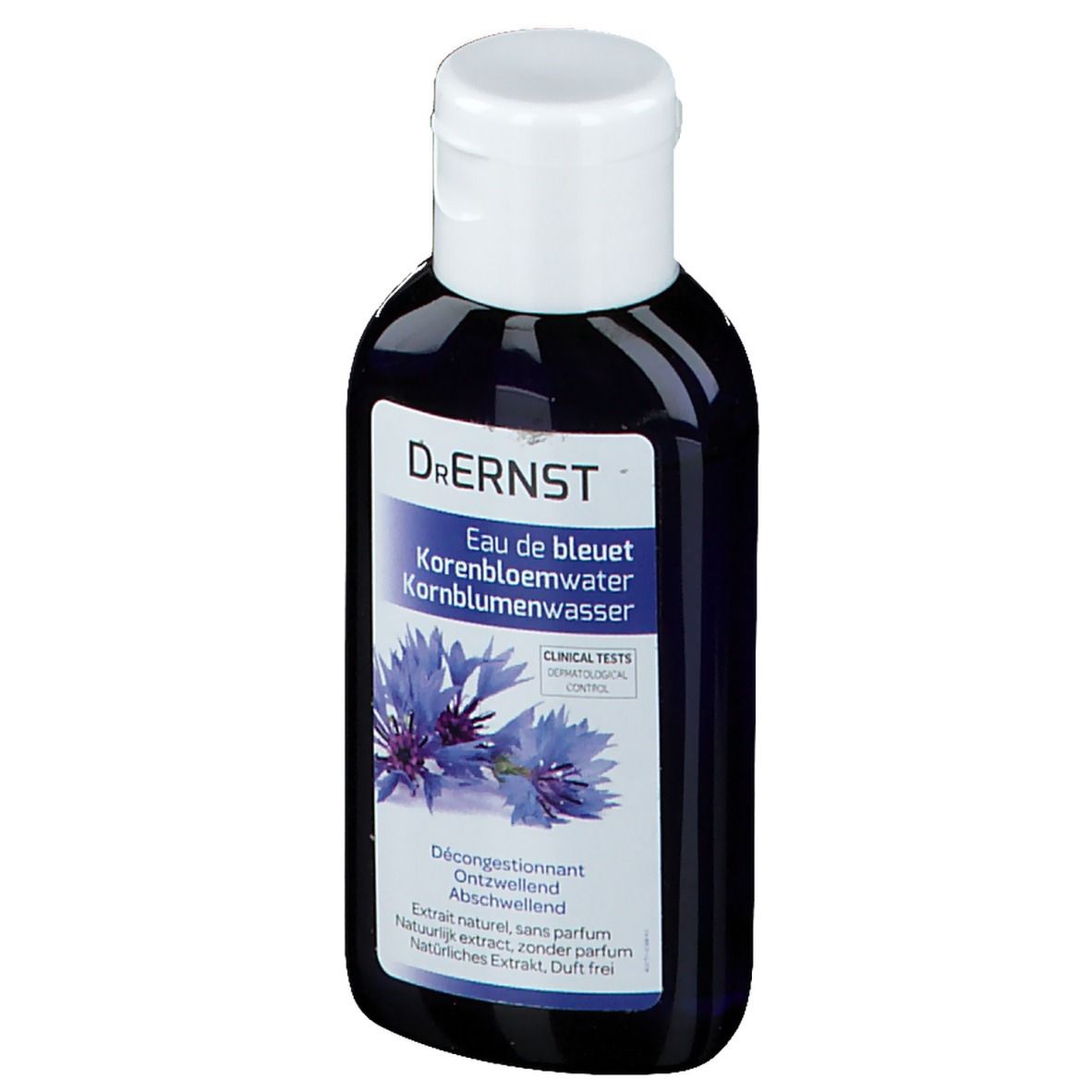 Donkerblauwe fles met witte dop. Etiket met productnaam en korenbloemillustratie. "Dr. Ernst"-logo.