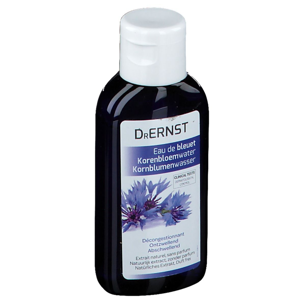 Donkerblauwe fles met witte dop. Etiket met productnaam en korenbloemillustratie. "Dr. Ernst"-logo.