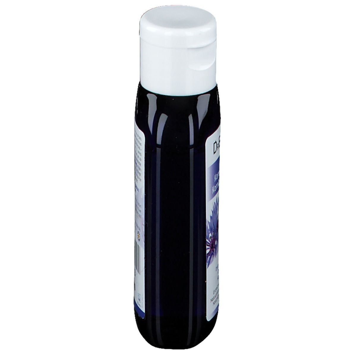 Donkerblauwe fles met witte dop. Etiket met tekst. Productnaam gedeeltelijk zichtbaar.