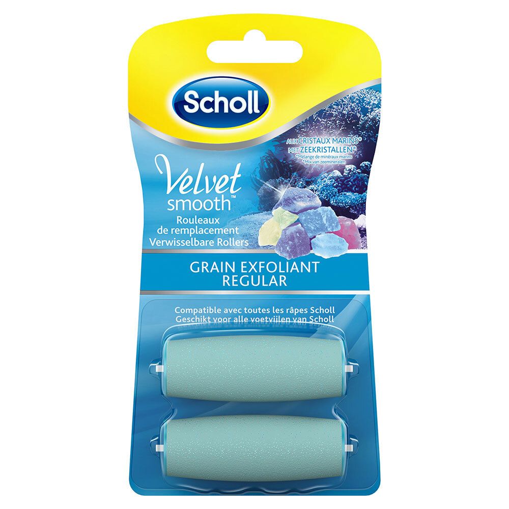 Scholl Velvet Smooth navullingen. Twee groene rollers in blisterverpakking. Merk en productnaam zichtbaar.