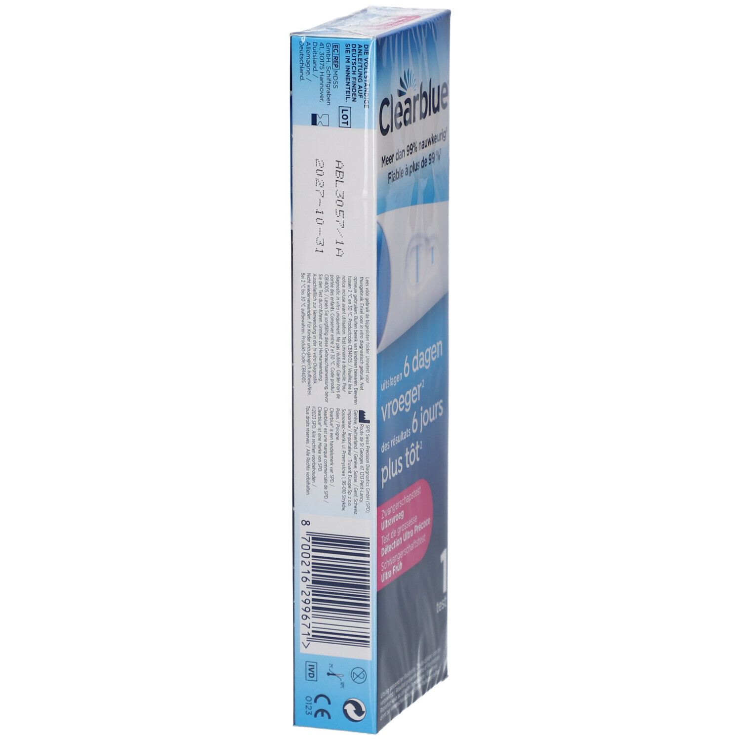 Zijkant verpakking Clearblue. Tekst: 6 dagen eerder, meer dan 99% nauwkeurig. Bevat 1 test. Barcode.