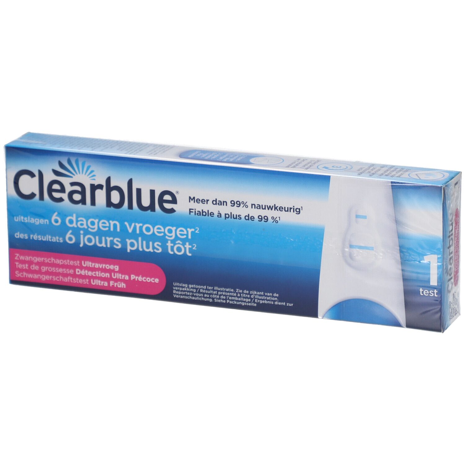 Verpakking Clearblue. Tekst: 6 dagen eerder, meer dan 99% nauwkeurig. Bevat 1 test. Zwangerschapstest.