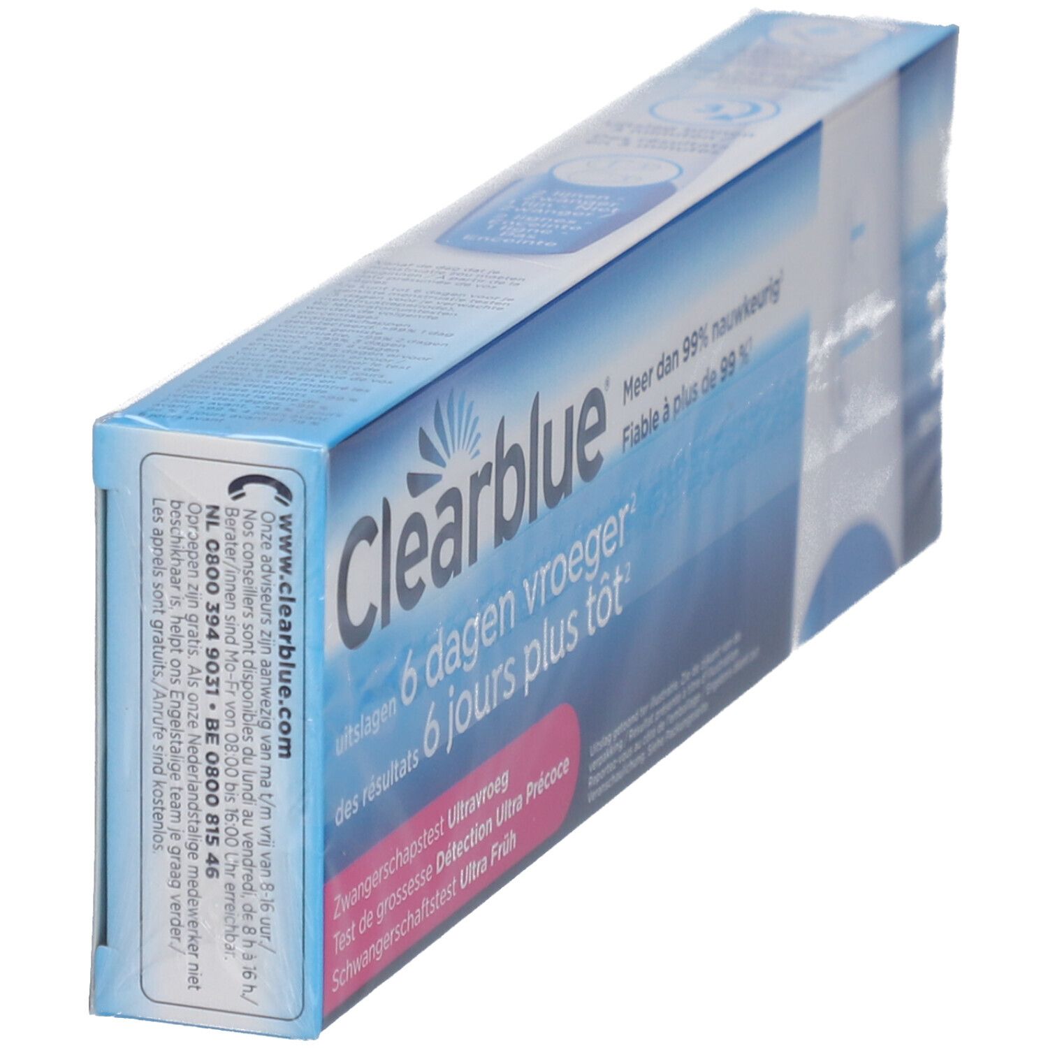 Schuine weergave van de Clearblue verpakking. Tekst: 6 dagen eerder, meer dan 99% nauwkeurig. 1 test.