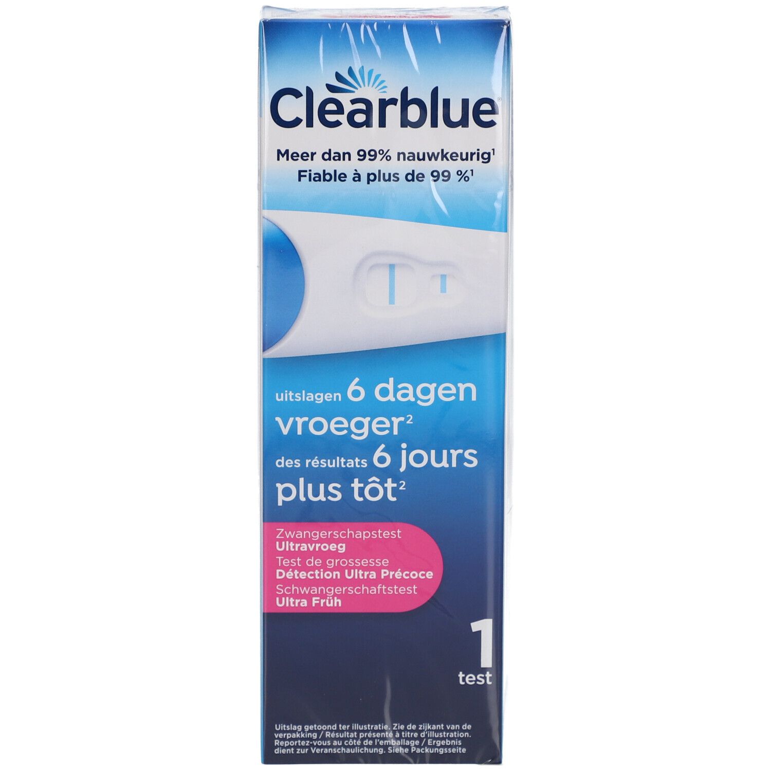 Clearblue zwangerschapstest in verpakking. Tekst: 6 dagen eerder, meer dan 99% nauwkeurig. 1 test.