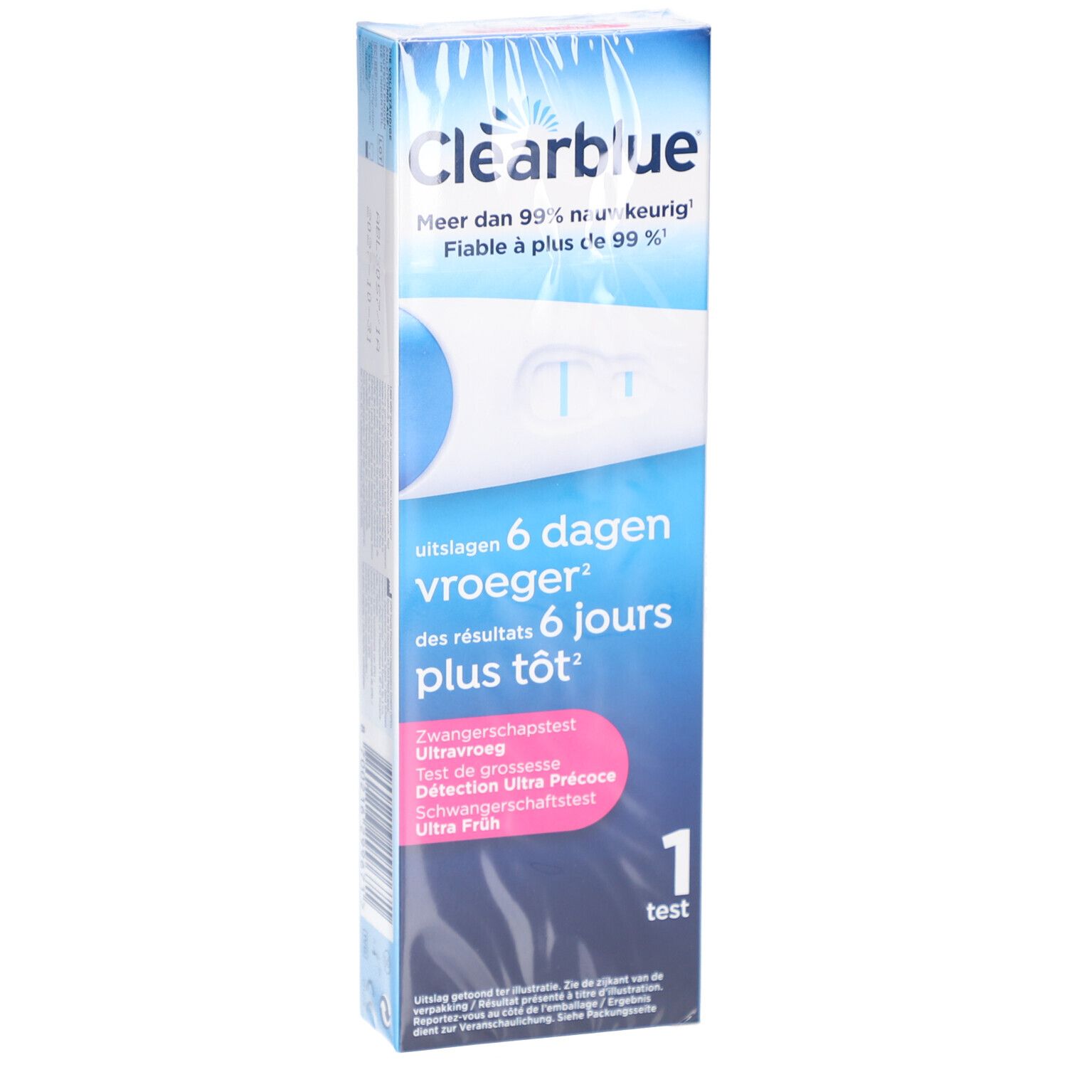 Clearblue zwangerschapstest in verpakking. Tekst: 6 dagen eerder, meer dan 99% nauwkeurig. 1 test.