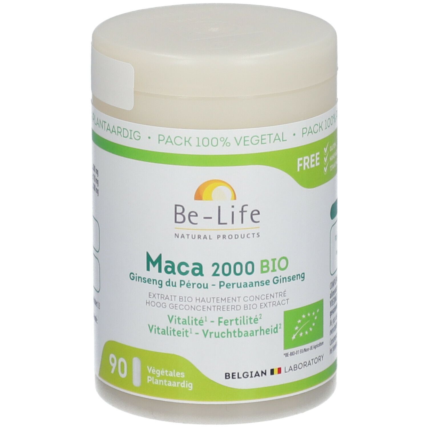 Pot de Be-Life Maca 2000 BIO. Étiquettes vertes et blanches avec informations et label bio. Contient 90 gélules.