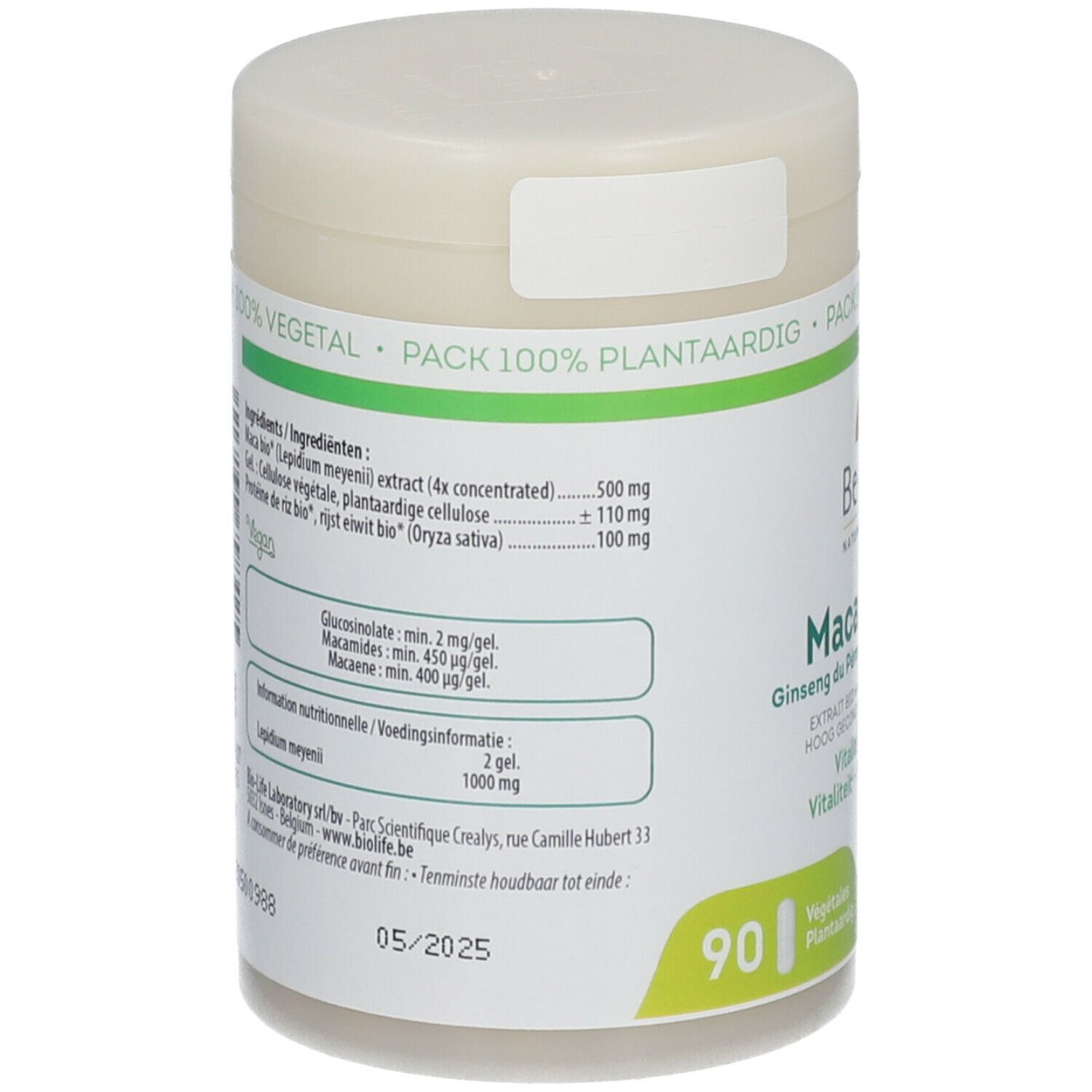 Dos du pot Be-Life Maca 2000 BIO. Ingrédients, informations nutritionnelles et date de péremption: 05/2025.