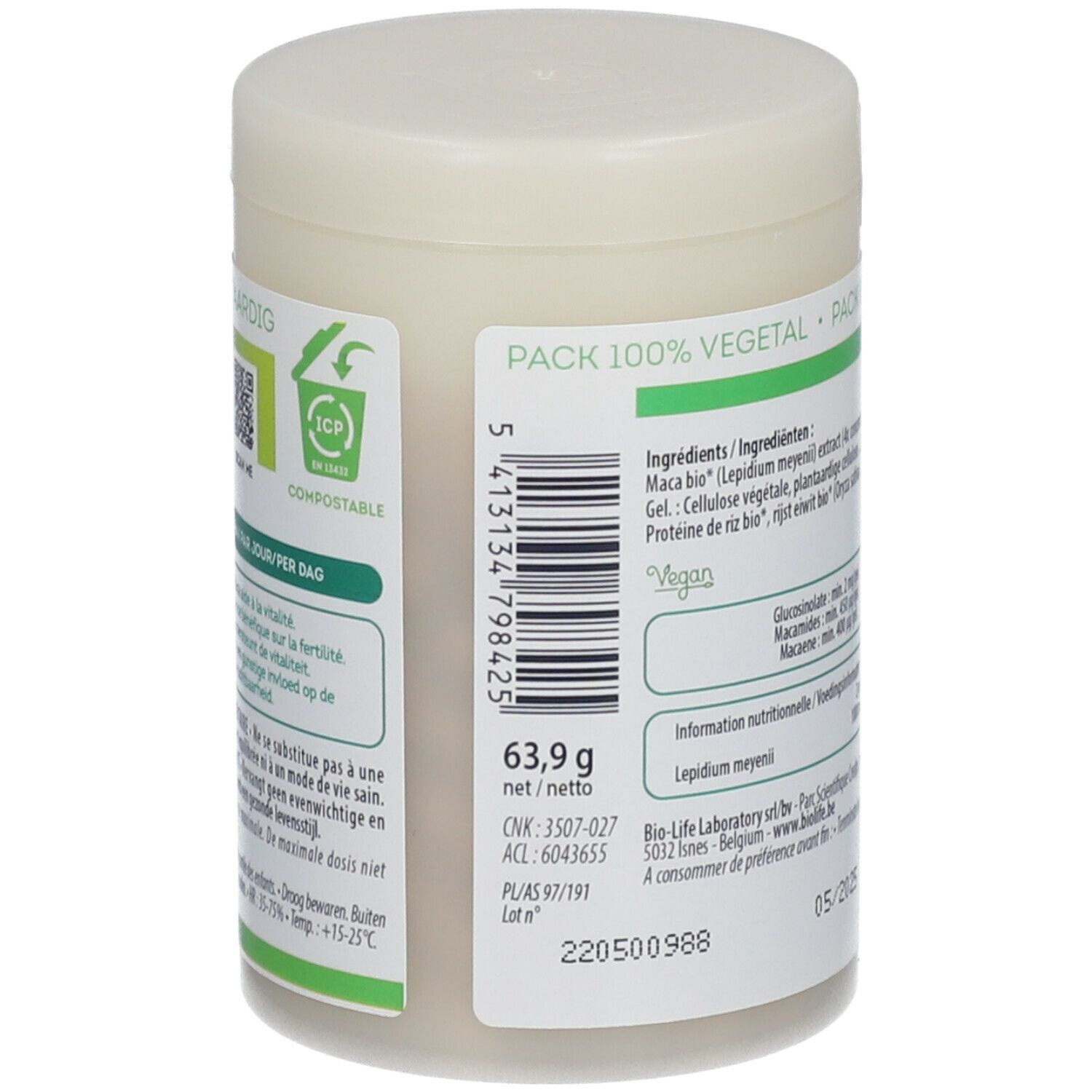 Dos du pot Be-Life Maca 2000 BIO. Informations sur les ingrédients, poids net et label Vegan.