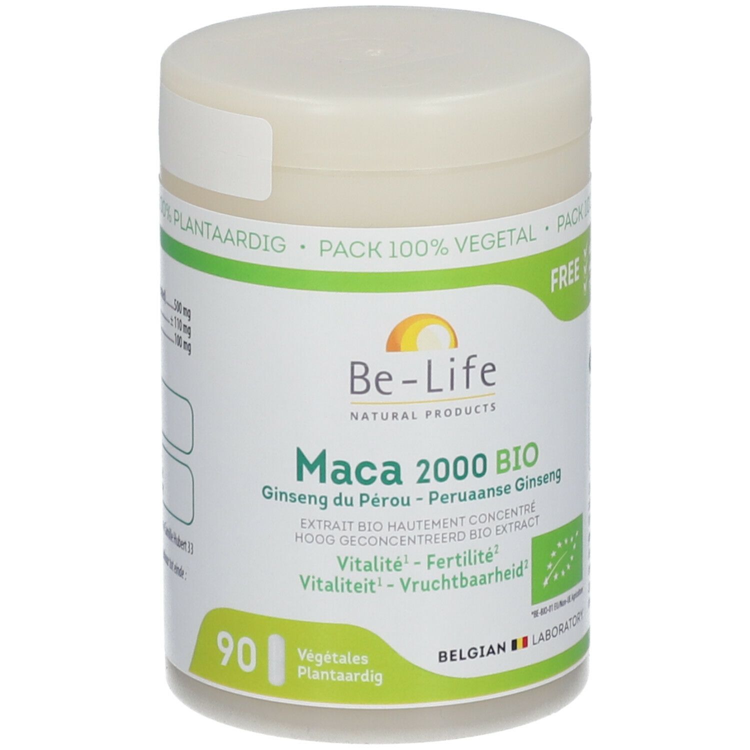 Pot Be-Life Maca 2000 BIO. Étiquettes vertes et blanches avec informations et label bio. 90 gélules.