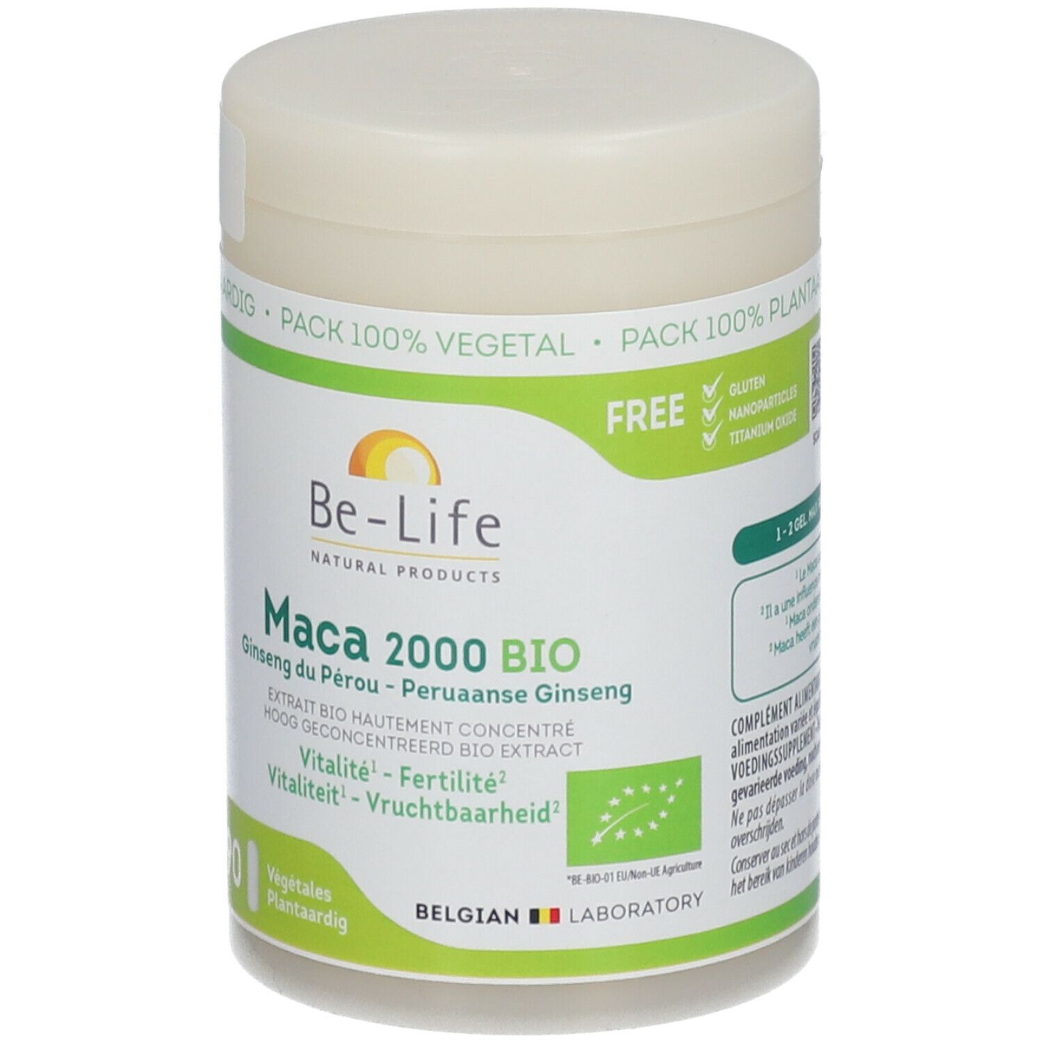 Pot Be-Life Maca 2000 BIO. Étiquettes vertes et blanches, label bio et autocollant 'FREE'.