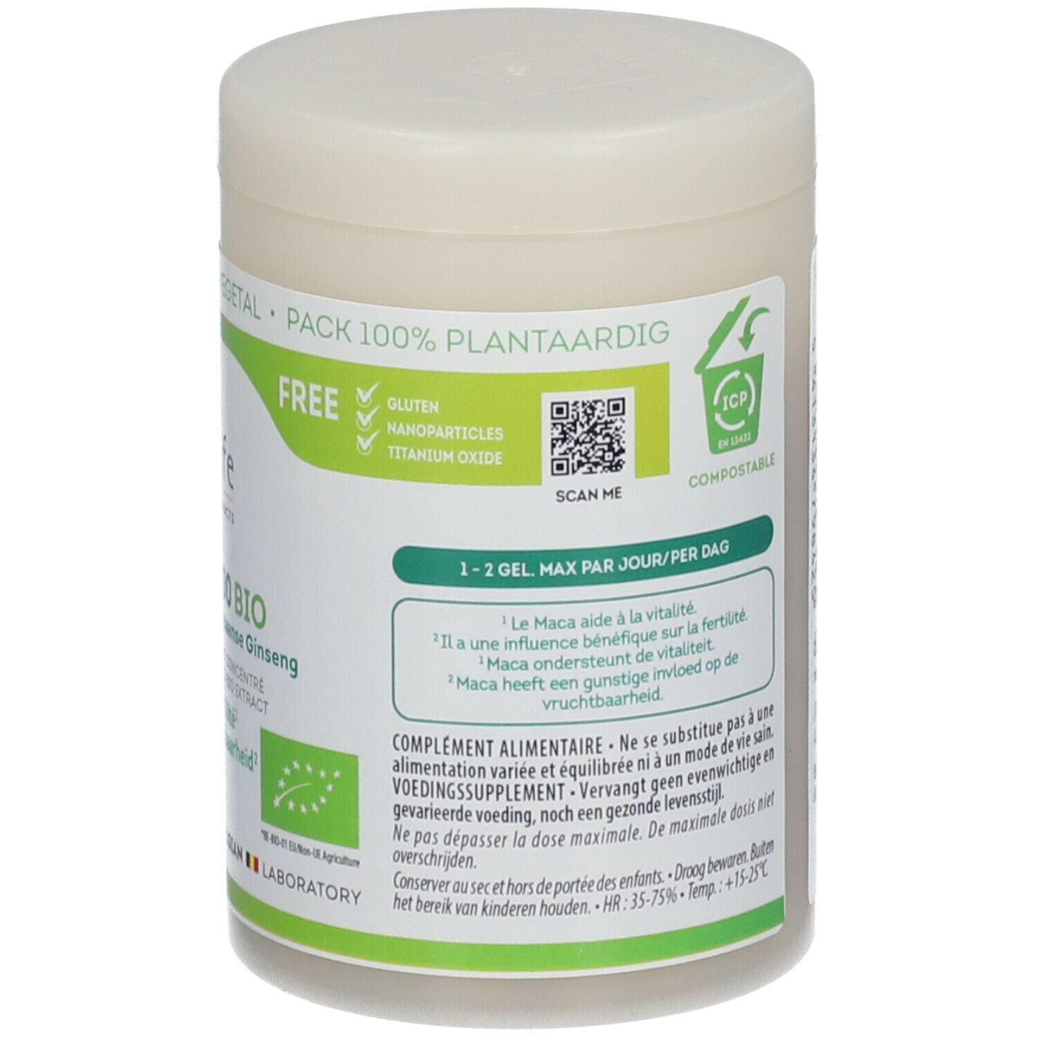 Dos du pot Be-Life Maca 2000 BIO. Informations, QR code, label Vegan et compostable.