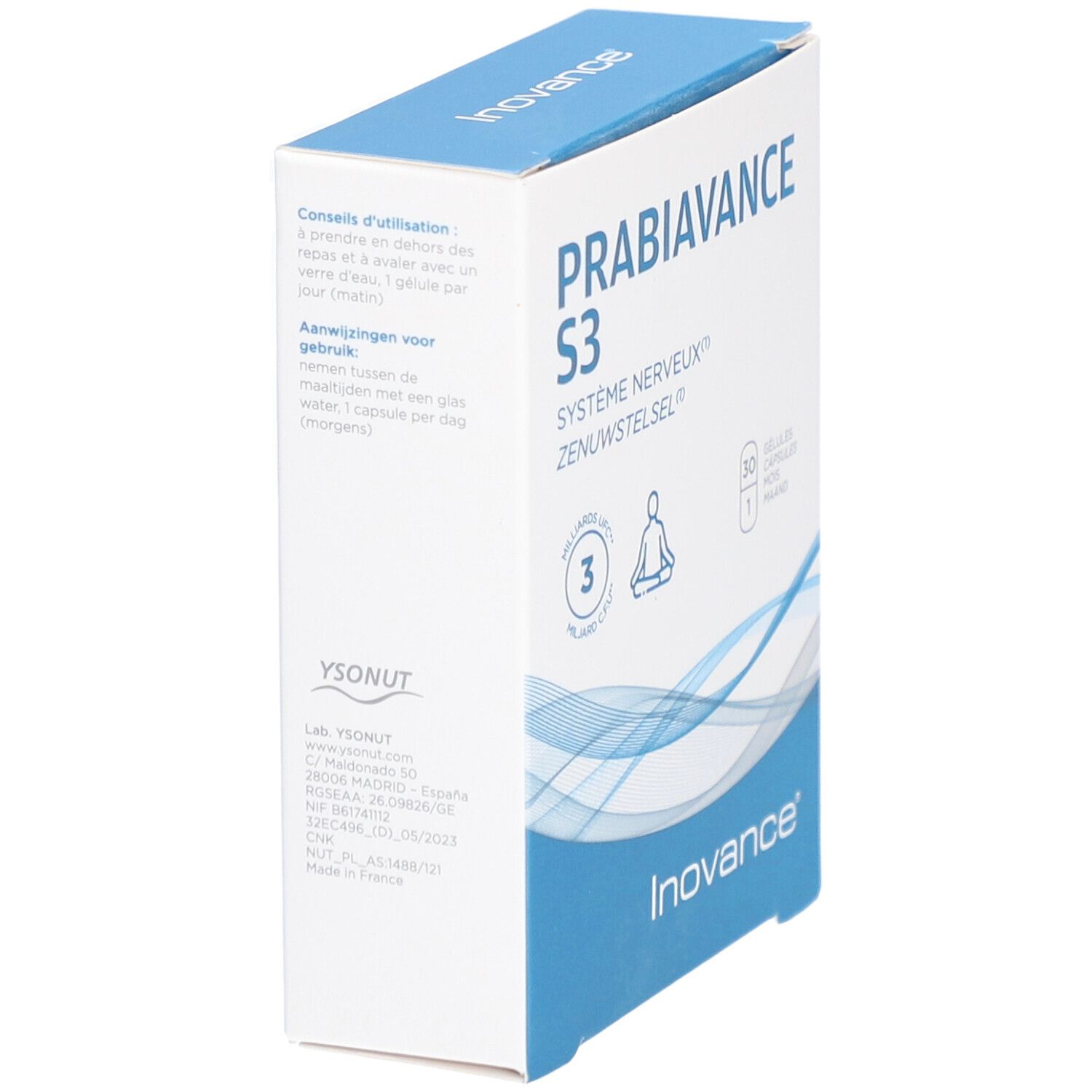 Boîte "PRABIAVANCE S3" Inovance. Contient 30 gélules. Textes en français et néerlandais.