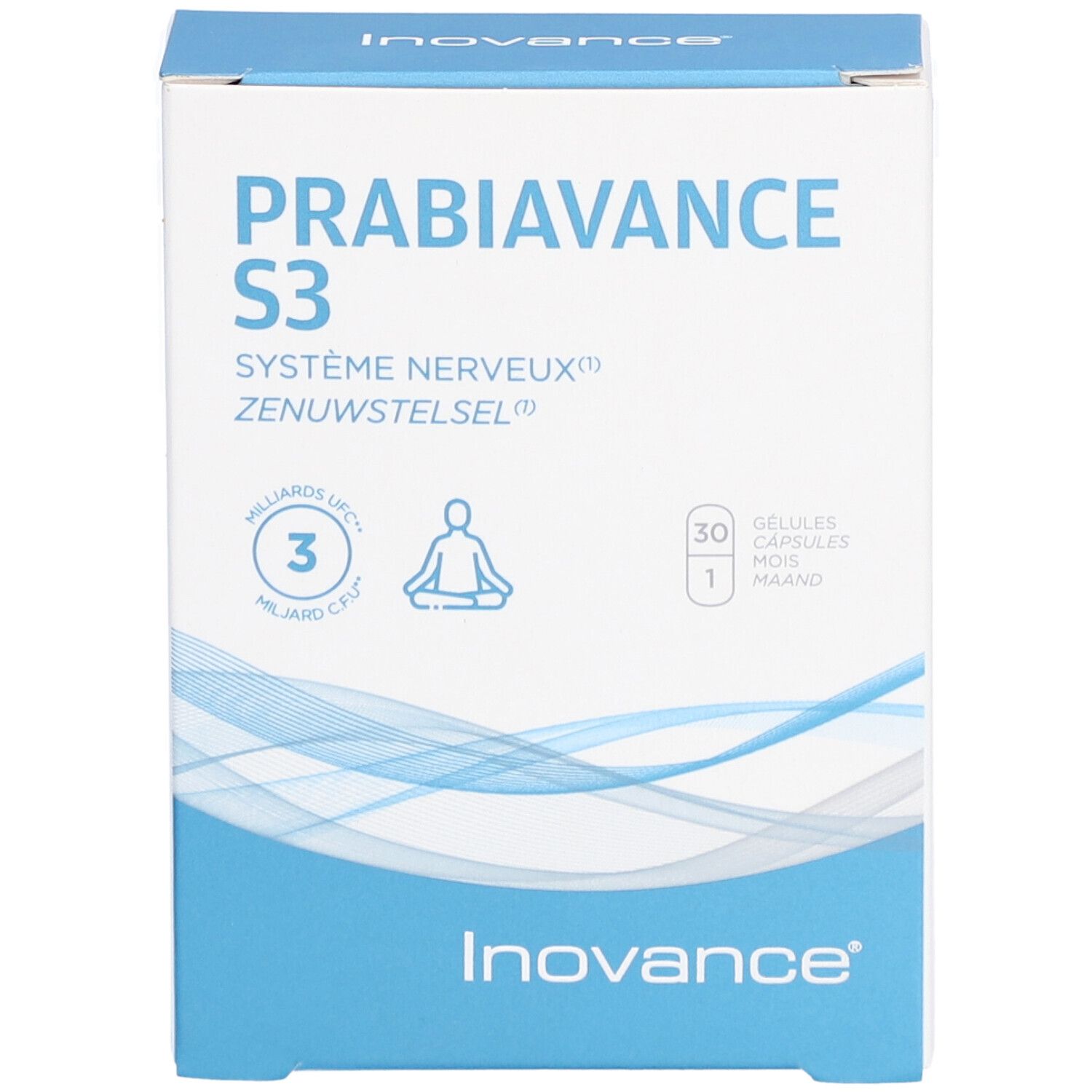 Boîte "PRABIAVANCE S3". Contient 30 gélules. Marque : Inovance. Image d'une personne en méditation.