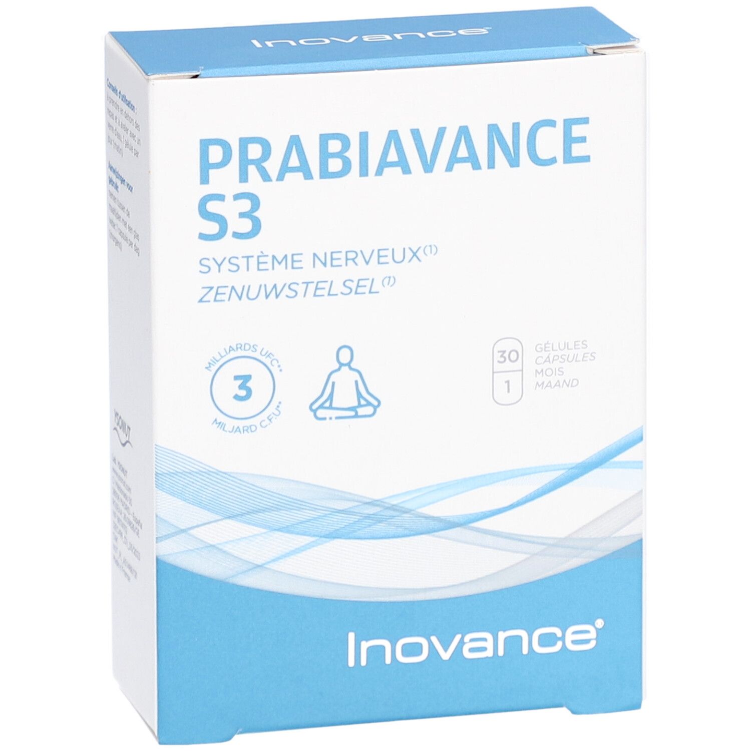 Boîte "PRABIAVANCE S3". Contient 30 gélules. Marque : Inovance. Image d'une personne en méditation.