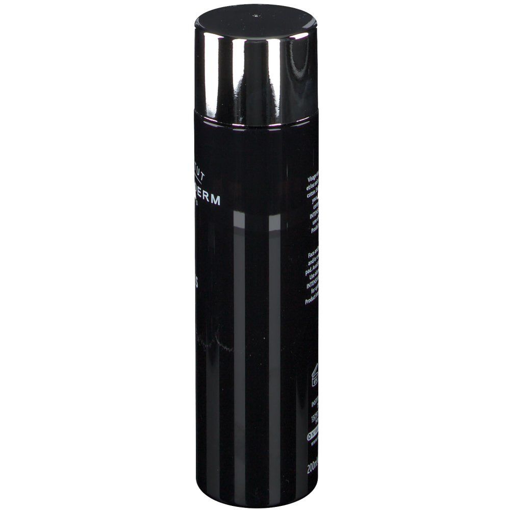 Flacon noir, bouchon argenté. Rayures verticales. INSTITUT ESTHEDERM PARIS. Inscription: Intensiv Lotion.
