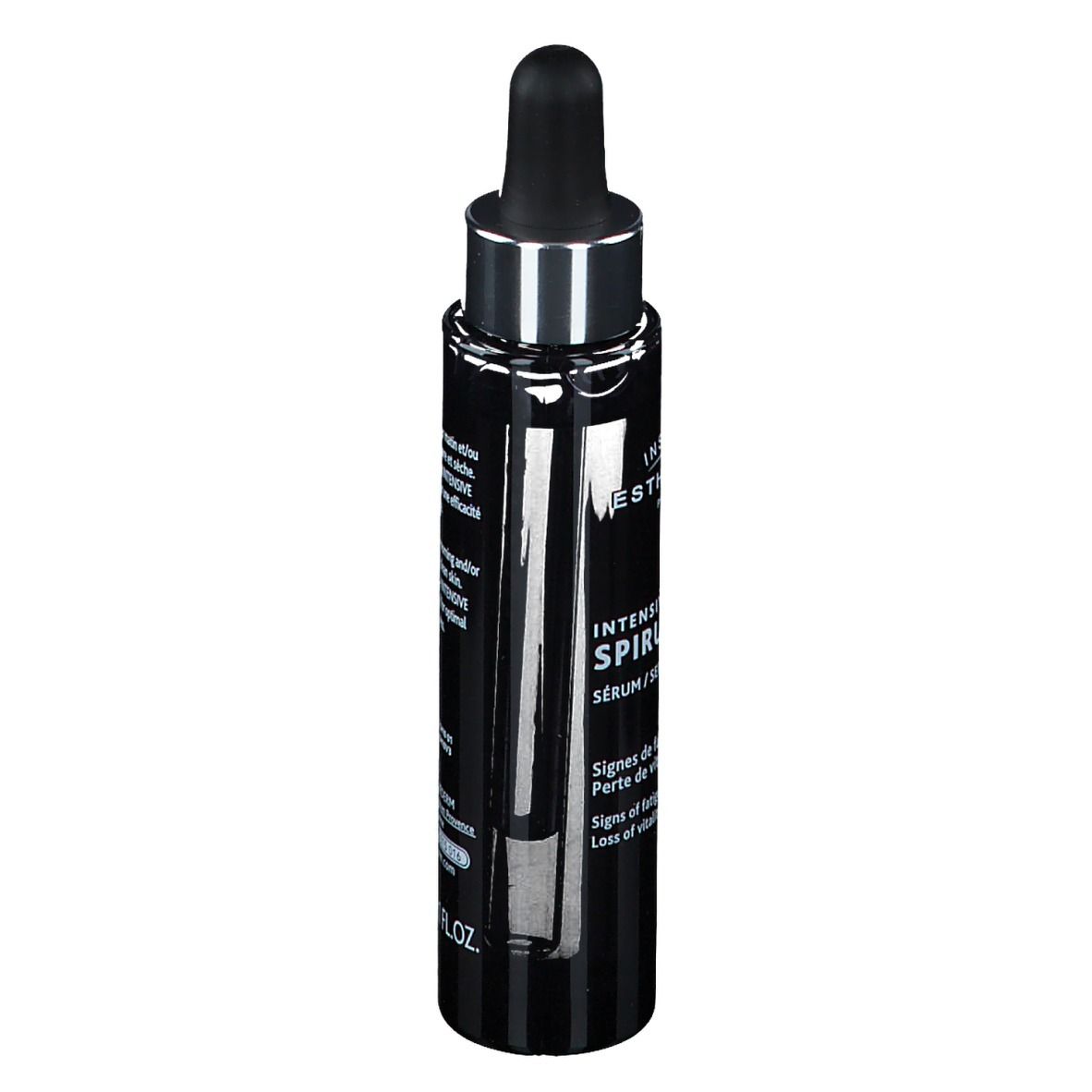 Schwarze Flasche mit Pipette. Aufschrift: INSTITUT ESTHEDERM PARIS, INTENSIVE SPIRULINE. Rückseite mit Text.