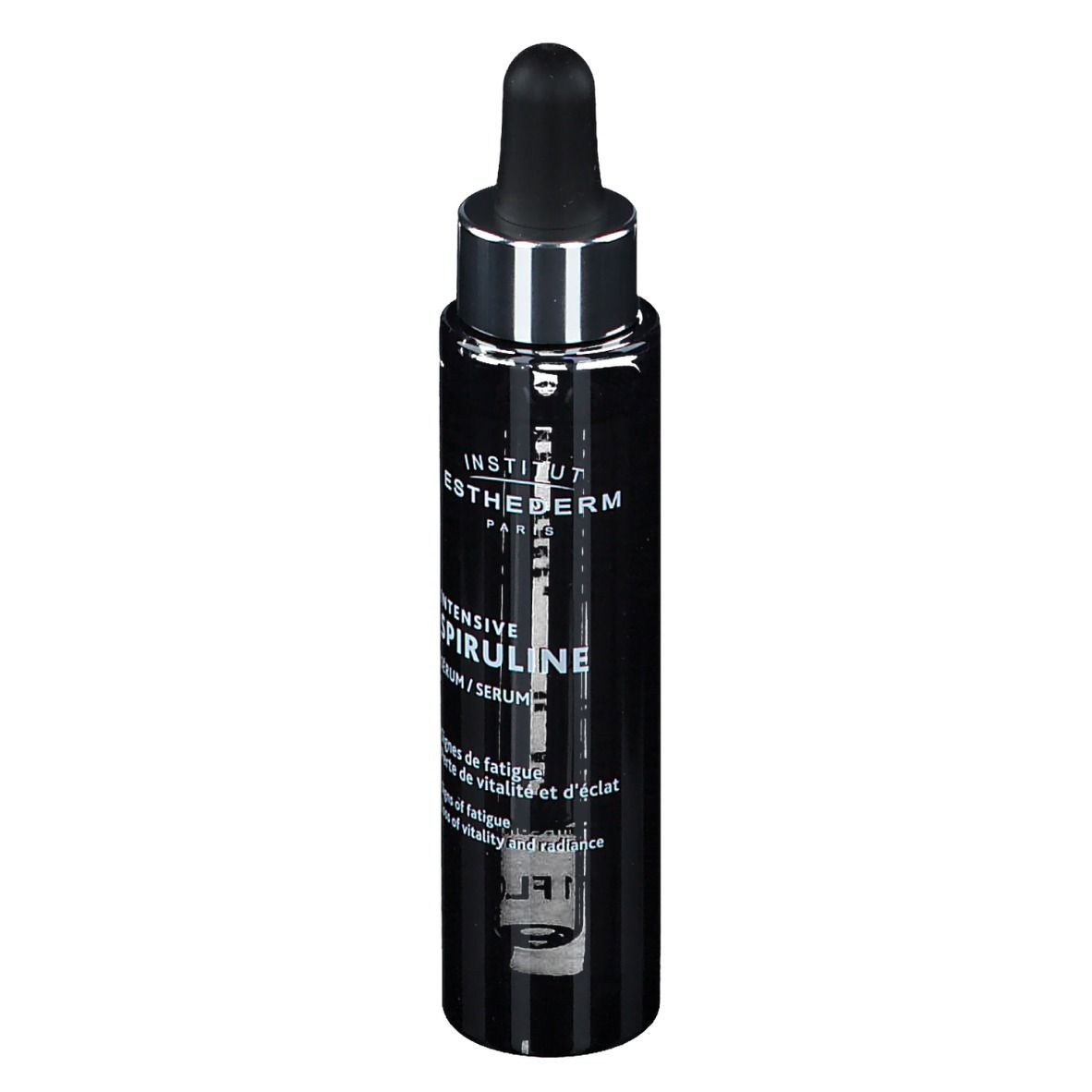 Schwarze Flasche mit Pipette. Aufschrift: INSTITUT ESTHEDERM PARIS, INTENSIVE SPIRULINE. Rückseite mit Text.