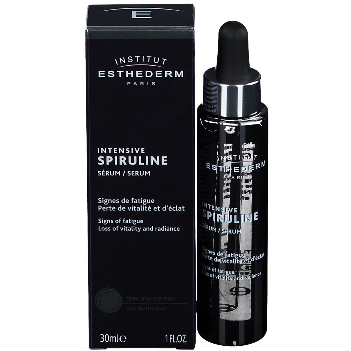 Schwarze Flasche mit Pipette und schwarzer Verpackung. Aufschrift: INSTITUT ESTHEDERM PARIS, INTENSIVE SPIRULINE.
