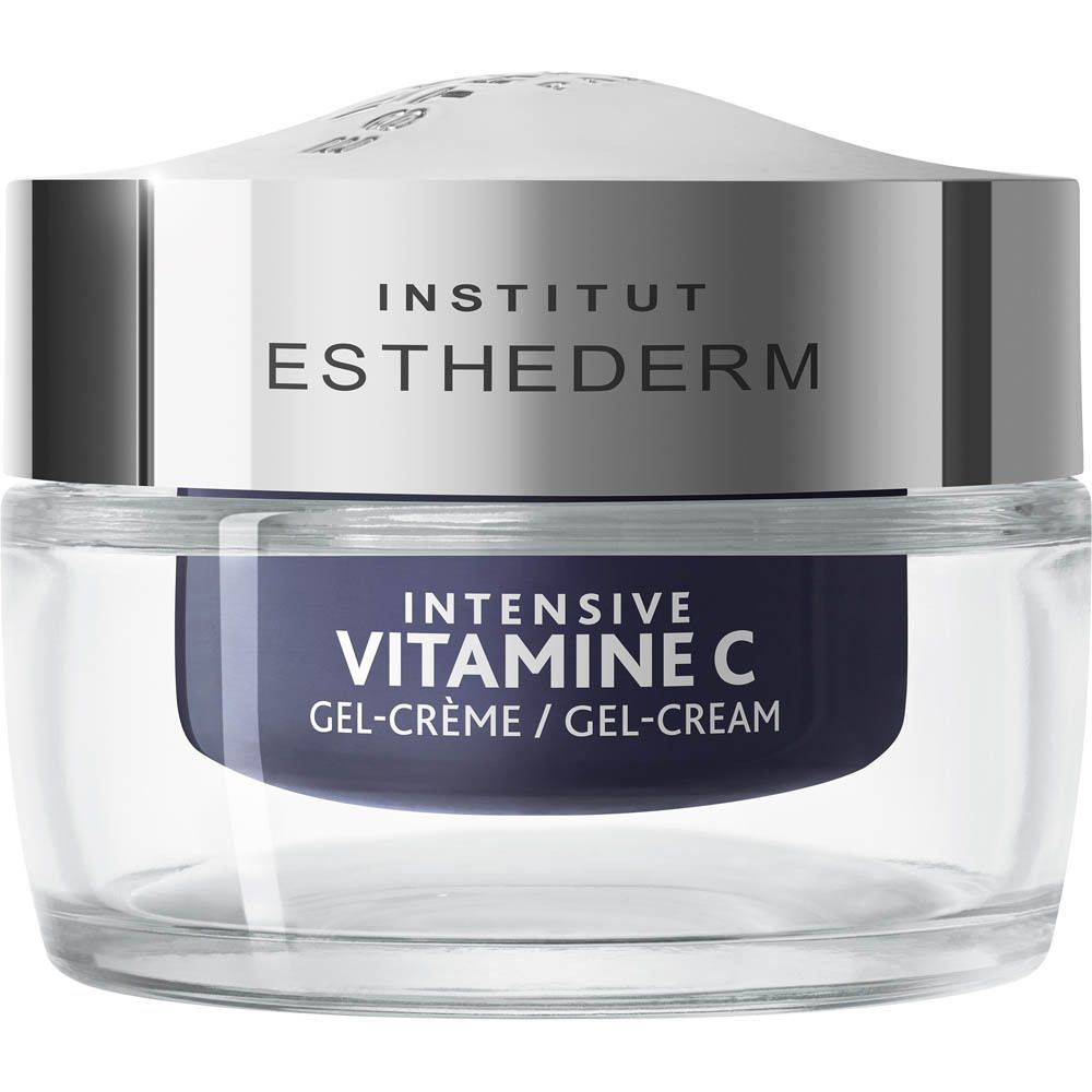 Pot de crème bleu foncé avec couvercle argenté. Inscription : INSTITUT ESTHEDERM, INTENSIVE VITAMINE C GEL-CRÈME / GEL-CREAM.