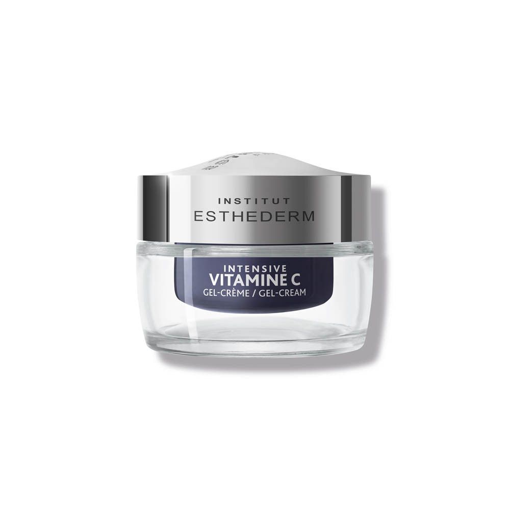 Pot de crème bleu foncé avec couvercle argenté. Inscription : INSTITUT ESTHEDERM, INTENSIVE VITAMINE C GEL-CRÈME / GEL-CREAM.