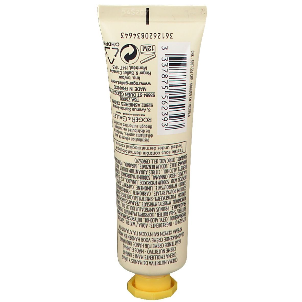 Tube de crème beige, bouchon jaune. Texte: Roger & Gallet, ingrédients, numéro de lot, durée de conservation.