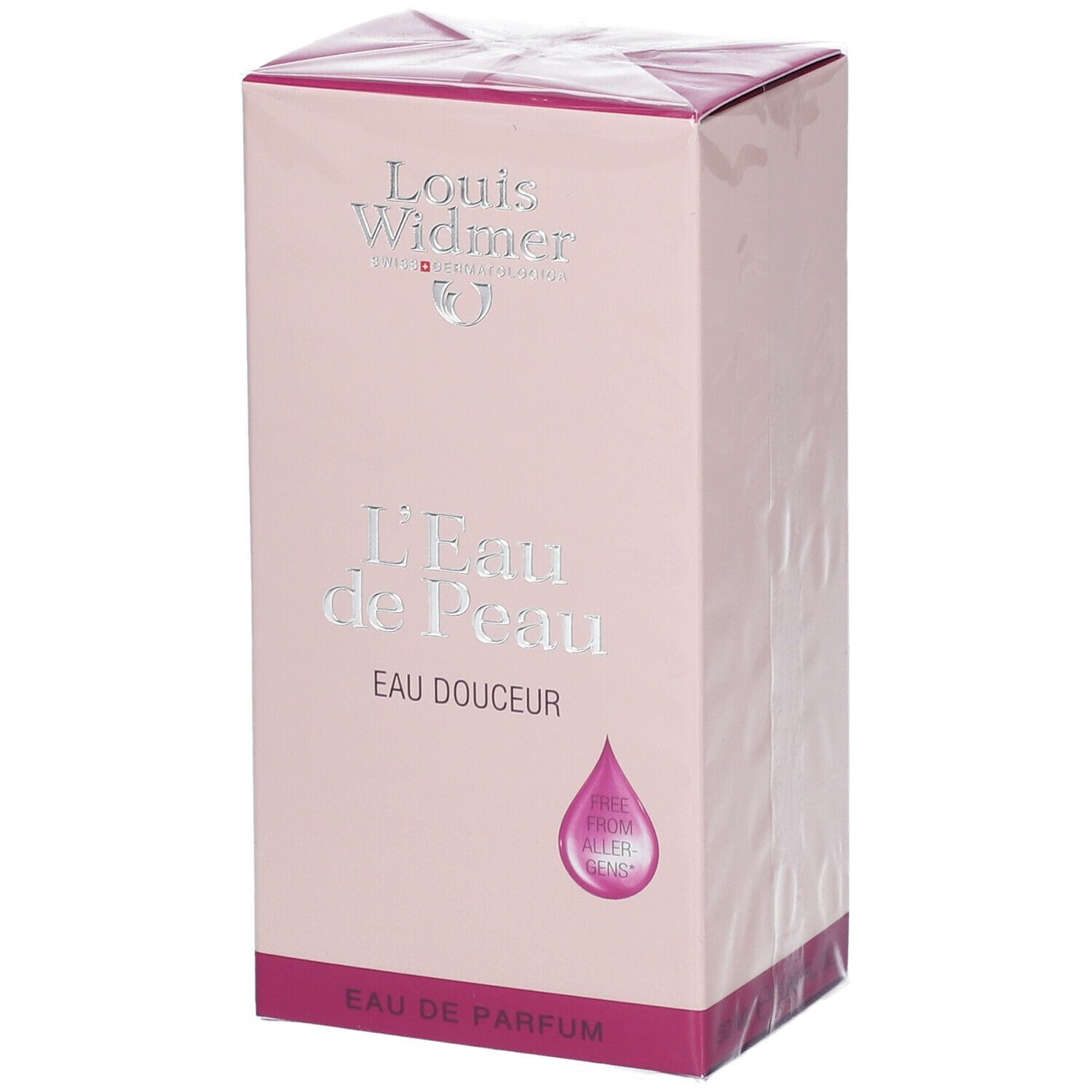 Roze verpakking van Louis Widmer L'Eau de Peau. Zilveren tekst: L'Eau de Peau, Eau Douceur. Druppelsymbool met 'Free from allergens'.
