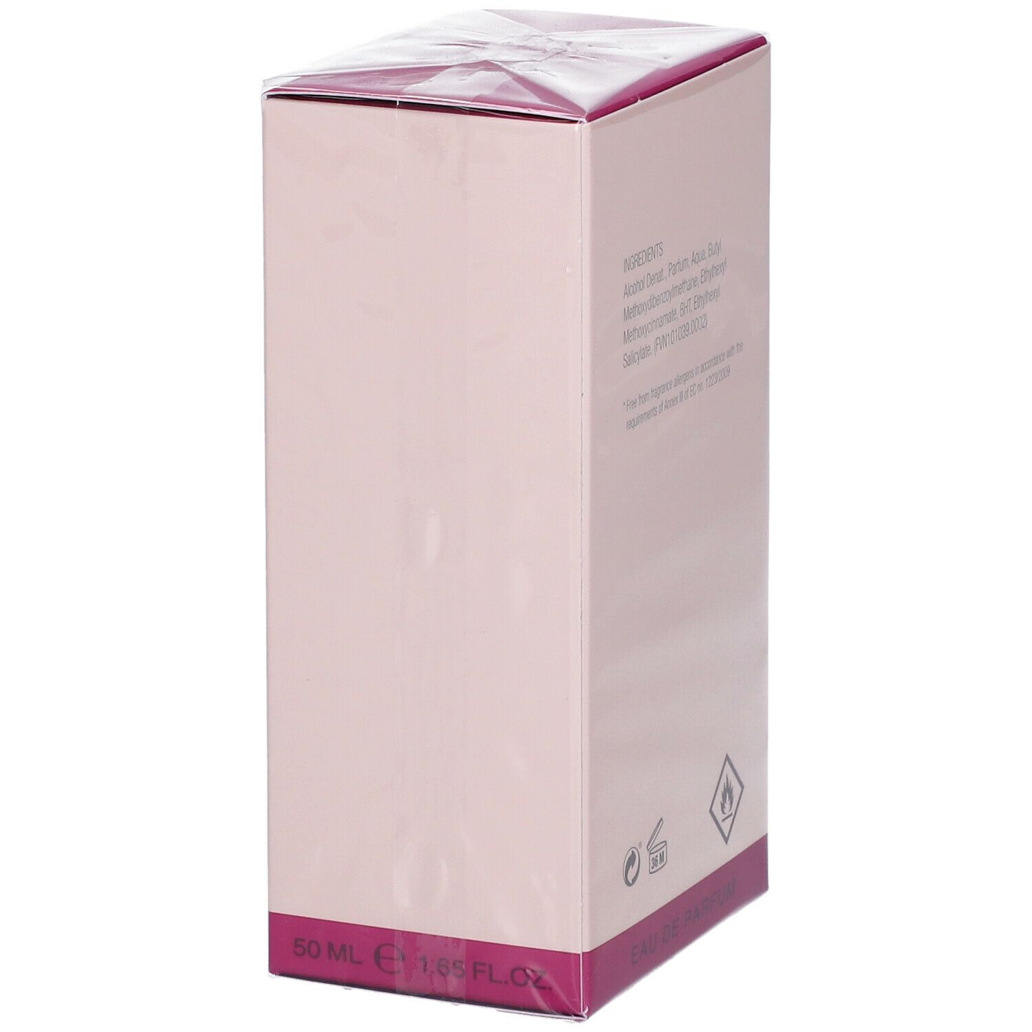 Zijaanzicht van de roze verpakking van Louis Widmer L'Eau de Peau. Ingrediëntenlijst en waarschuwingen. Gemaakt in Zwitserland.