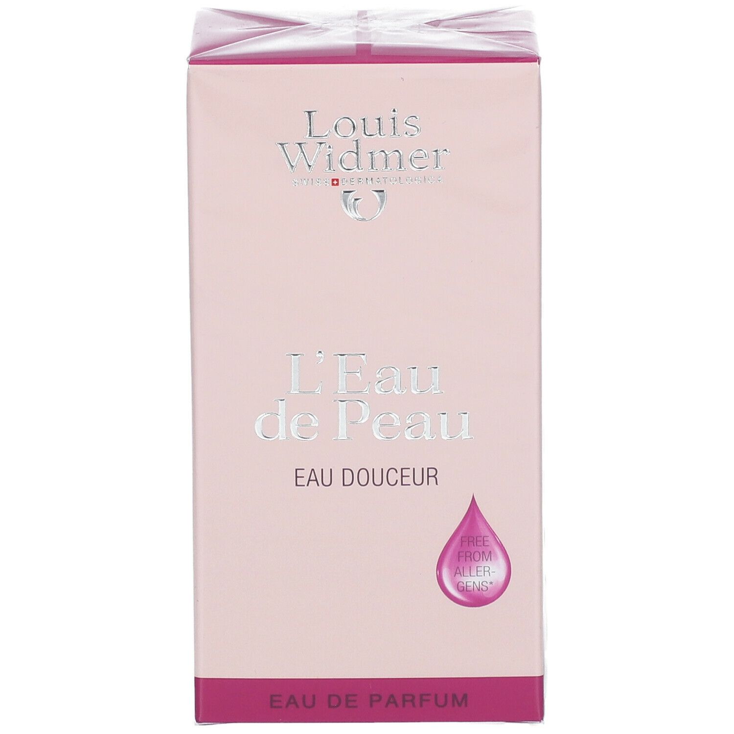 Roze verpakking van Louis Widmer L'Eau de Peau. Zilveren tekst: L'Eau de Peau, Eau Douceur. Druppelsymbool met 'Free from allergens'.
