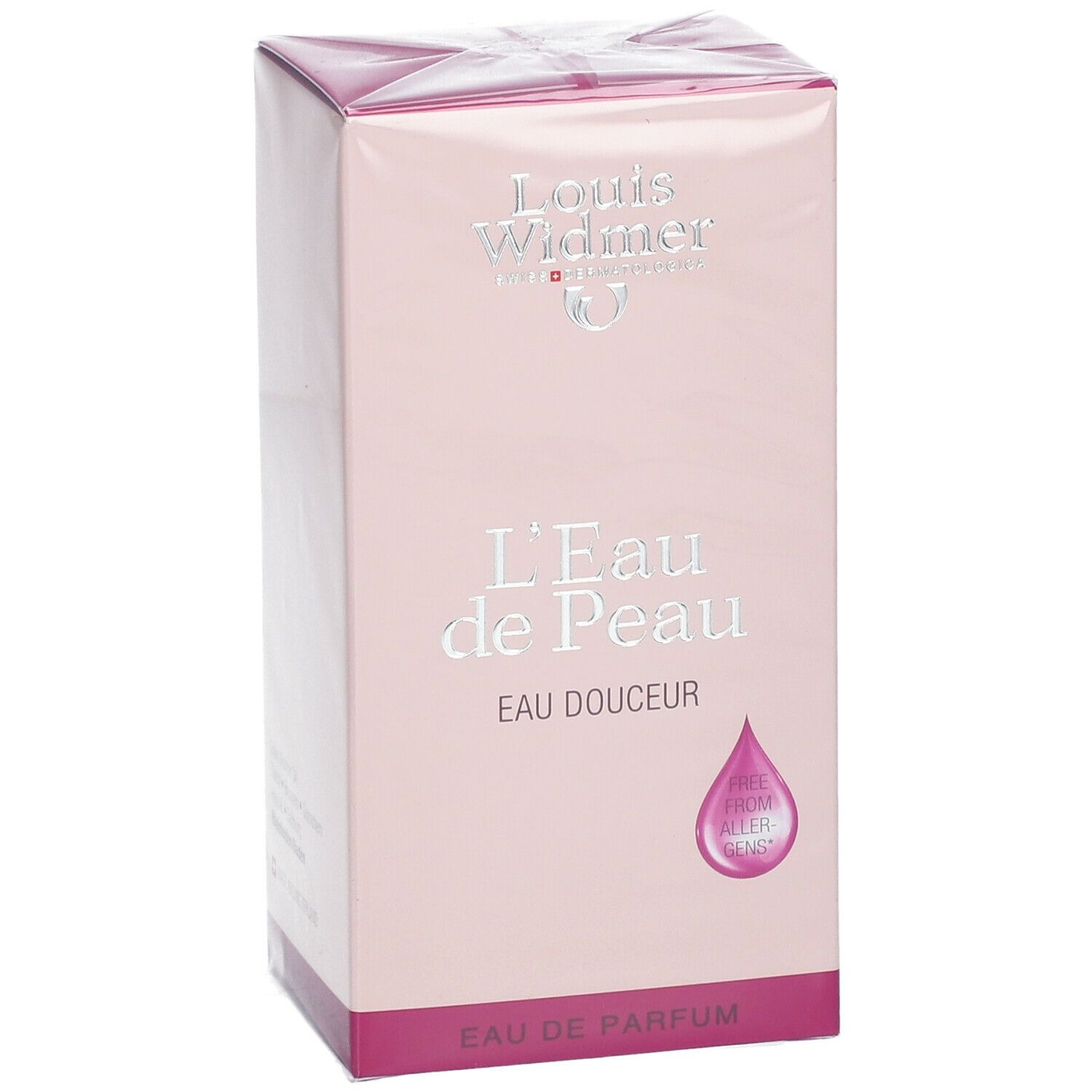 Roze verpakking van Louis Widmer L'Eau de Peau. Zilveren tekst: L'Eau de Peau, Eau Douceur. Druppelsymbool met 'Free from allergens'.