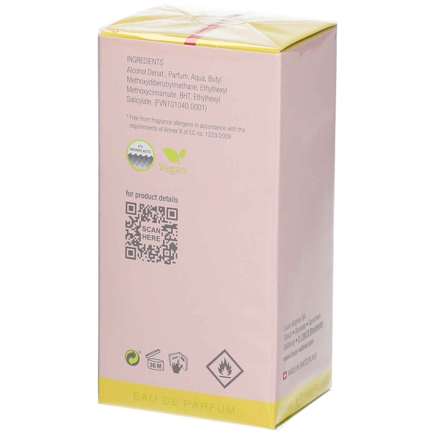 Rückseite der rosa Schachtel mit Inhaltsstoffen, QR-Code, Vegan-Logo und Warnhinweisen. Eau de Parfum.