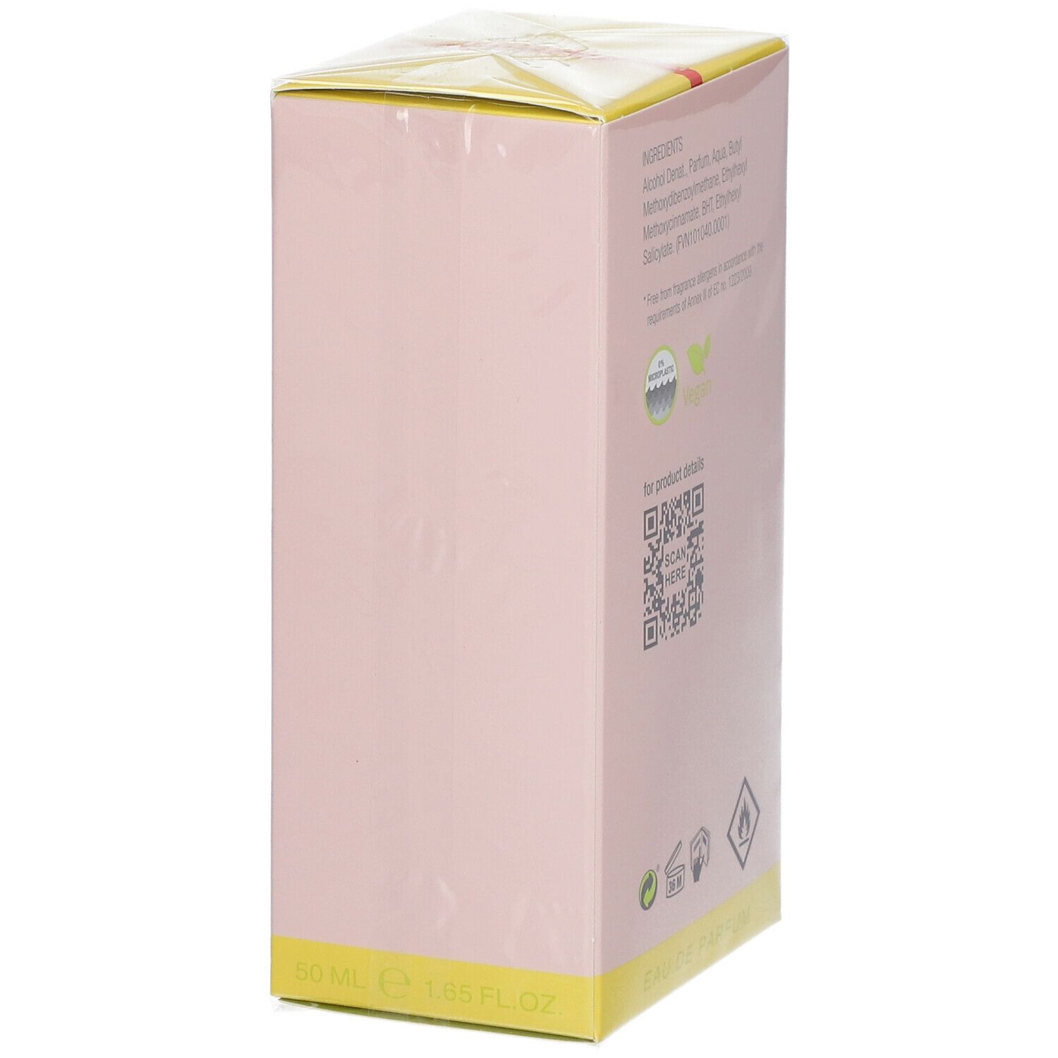 Rückseite der rosa Schachtel mit Inhaltsstoffen, QR-Code, Vegan-Logo und Warnhinweisen. Eau de Parfum.