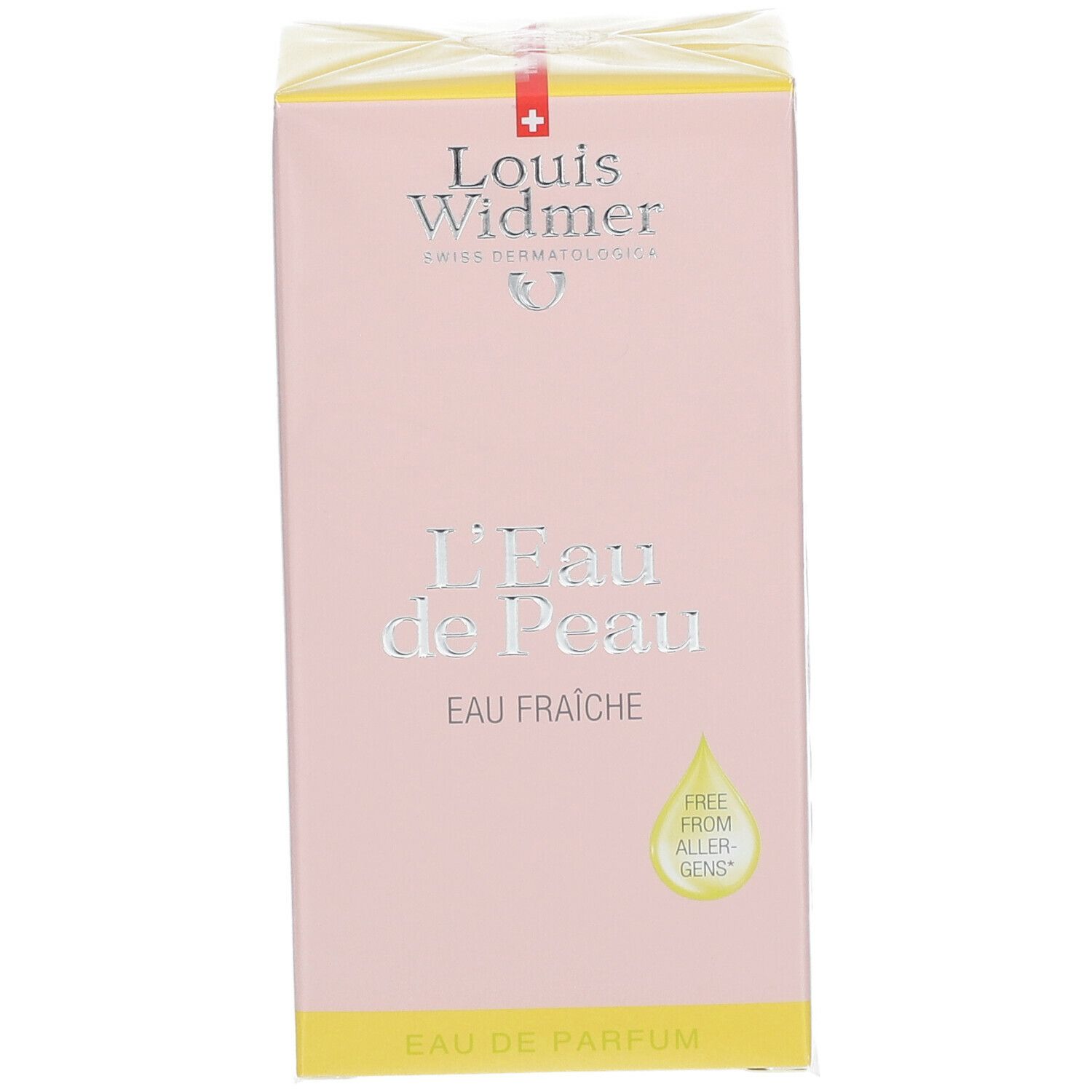 Rosa Schachtel mit Louis Widmer Logo, L'Eau de Peau, Eau Fraîche. Schweizer Kreuz. "Free from allergens".
