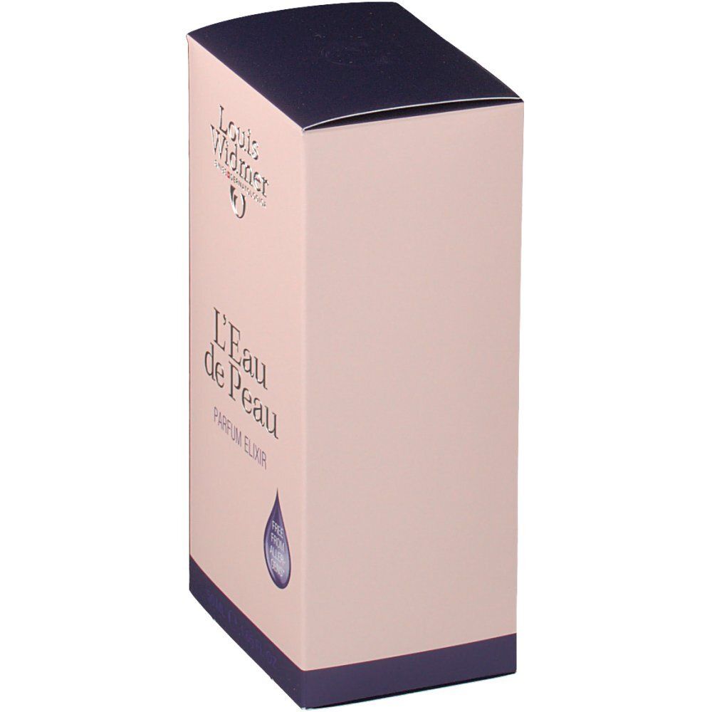 Emballage carton rose avec couvercle bleu foncé. Inscription: Louis Widmer, L'Eau de Peau, Parfum Elixir. Illustration: goutte. Forme carrée.