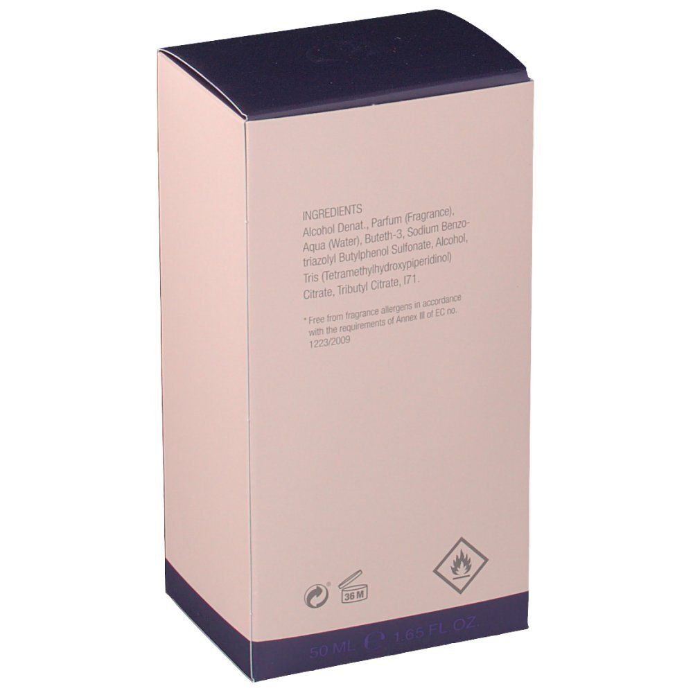 Dos de l'emballage en carton. Ingrédients, pictogrammes: pot ouvert, flamme. Texte: Sans allergènes de parfum conformément aux exigences de l'annexe III de la CE.