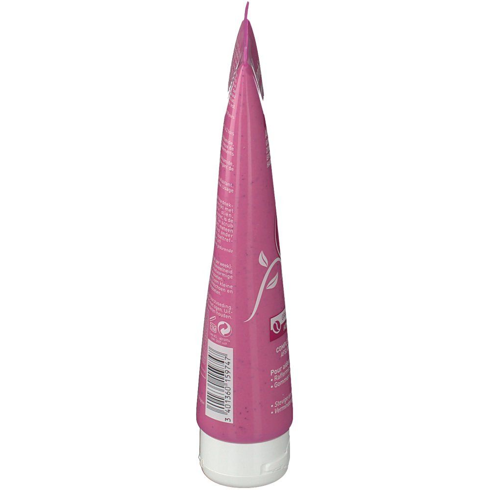 Tube rose avec bouchon blanc, vue latérale. Texte.