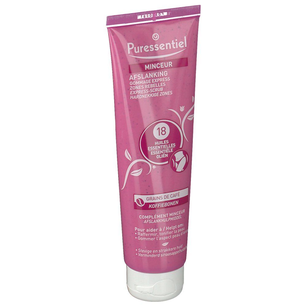 Tube rose avec bouchon blanc. Texte : "18 Huiles Essentielles".