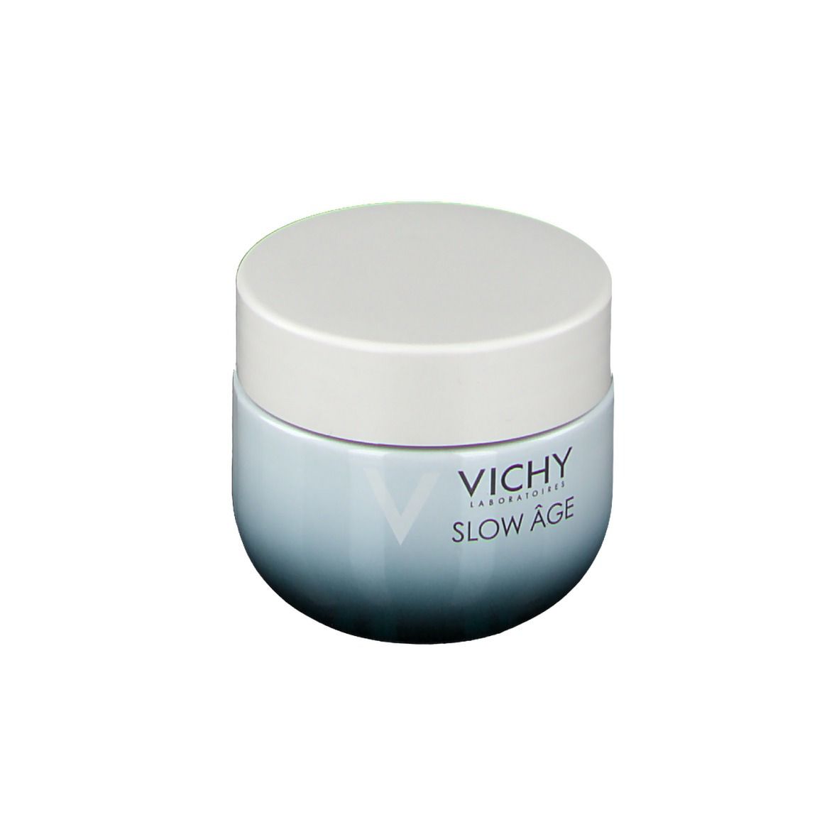 Ronde pot met witte deksel. Op de blauwe pot staat "Vichy Slow Age".