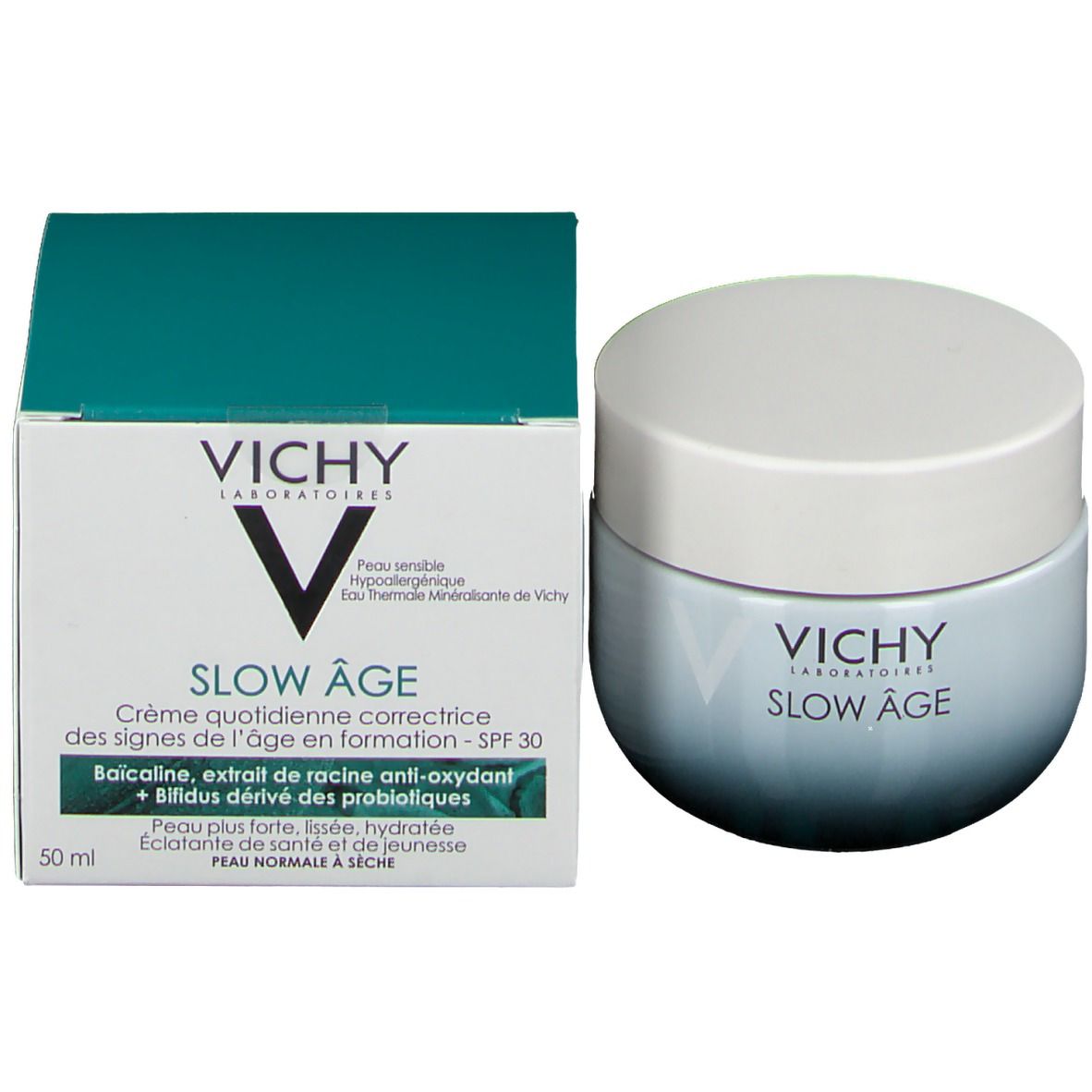 Productverpakking met pot en doos. Op de doos staat "Vichy Slow Age".
