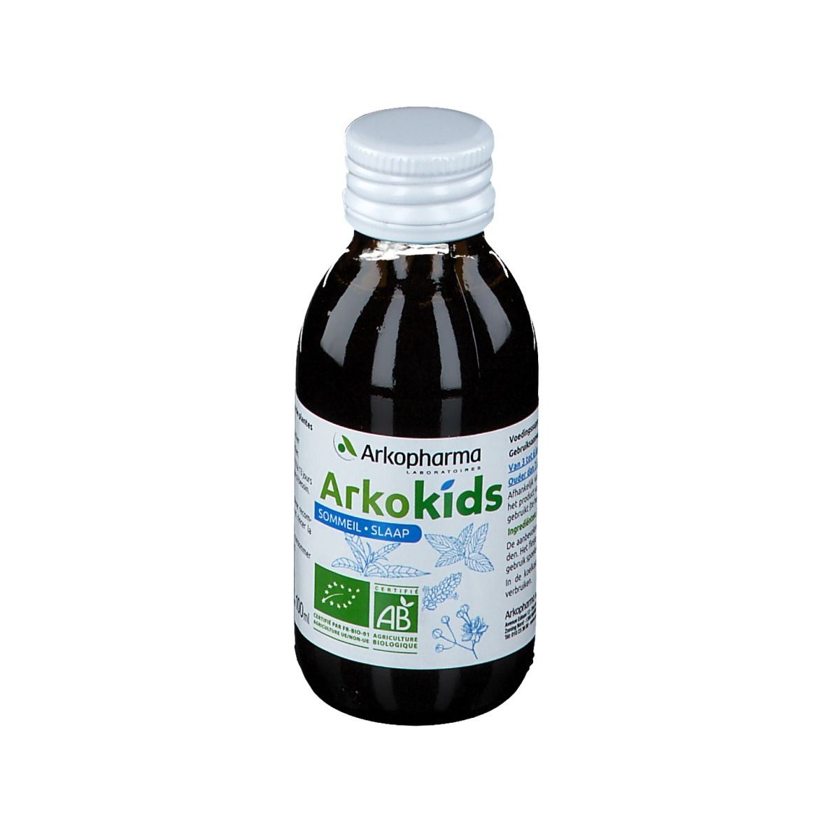 Flacon de liquide brun avec bouchon blanc. Étiquette Arkokids et certification AB.