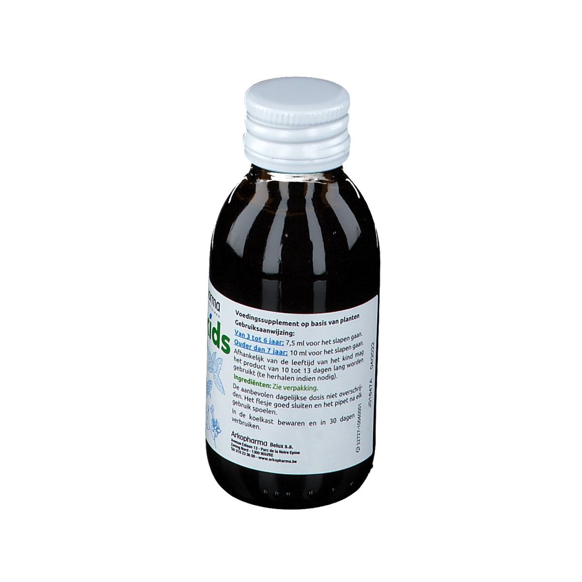 Vue arrière d'une bouteille de liquide brun. Étiquette avec informations et certification AB.